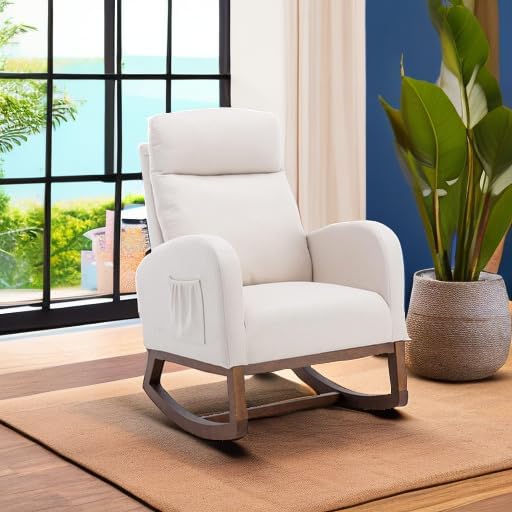 Dolonm Nursery Rocking Chair for Living Room, Upholstered Mid-Century Modern Nursery Rocking Armchair Tall Back Accent Glider Rocker, Beige