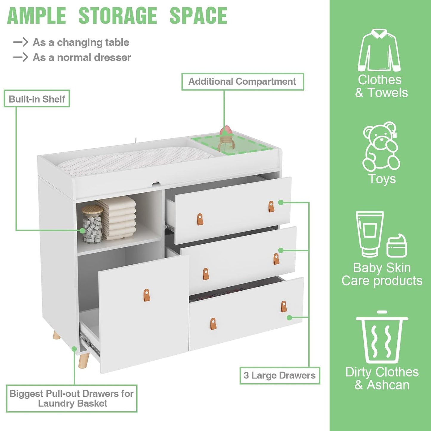 Baby Dresser Changing Table with Drawers,Shelf,Hidden Laundry Basket Storage,2 in 1 Nursery Dresser Chest for Infants, Baby Diaper Changing Station for Daycare,Bedroom,White
