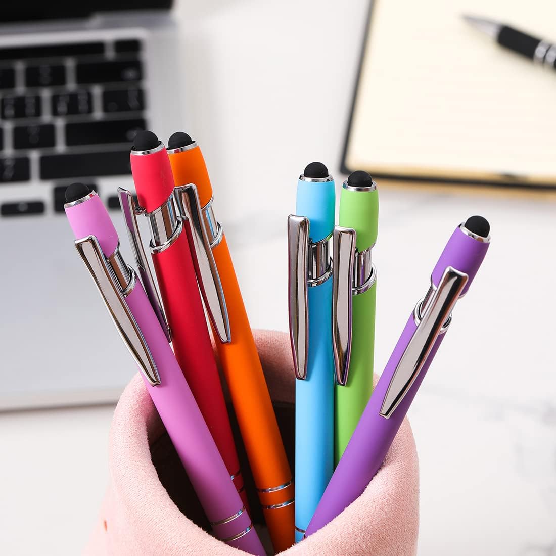 Ballpoint Pen with Stylus Tip, Soft Touch Click Metal Pen, 1.0mm Medium Point, Black Ink, 12 Count(Light Green)