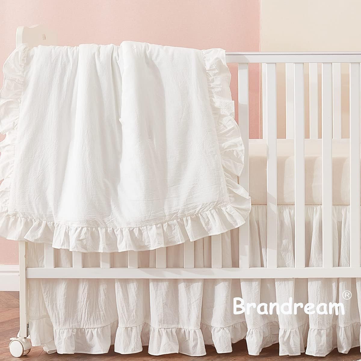 Brandream Farmhouse Crib Bedding Sets for Girls and Boys | 3 Piece Nursery Set White| Baby Comforter, Fitted Crib Sheet, Crib Skirt Included,100% Washed Cotton