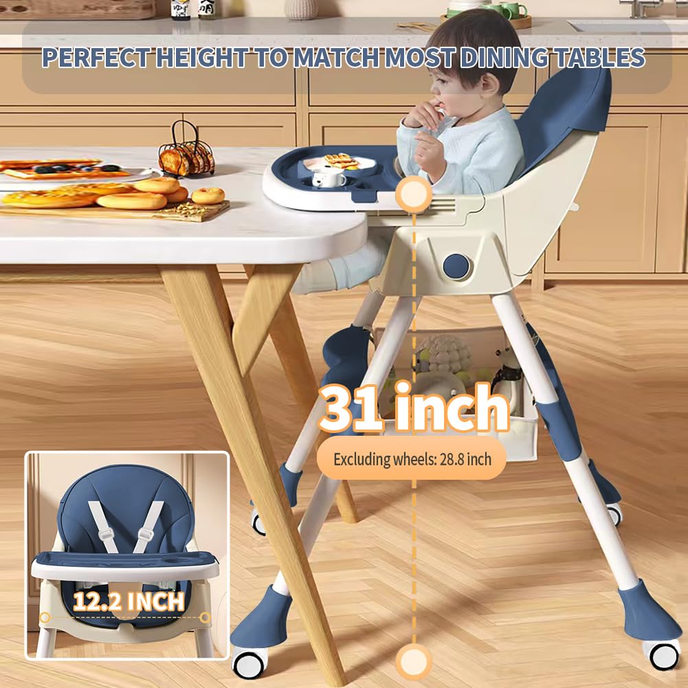 High Chairs for Babies and Toddlers, 4 in 1 Convertible Baby High Chair, Portable High Chair for Travel with Adjustable Height and Back, Foldable HighChair with Wheels& Pu Cushion