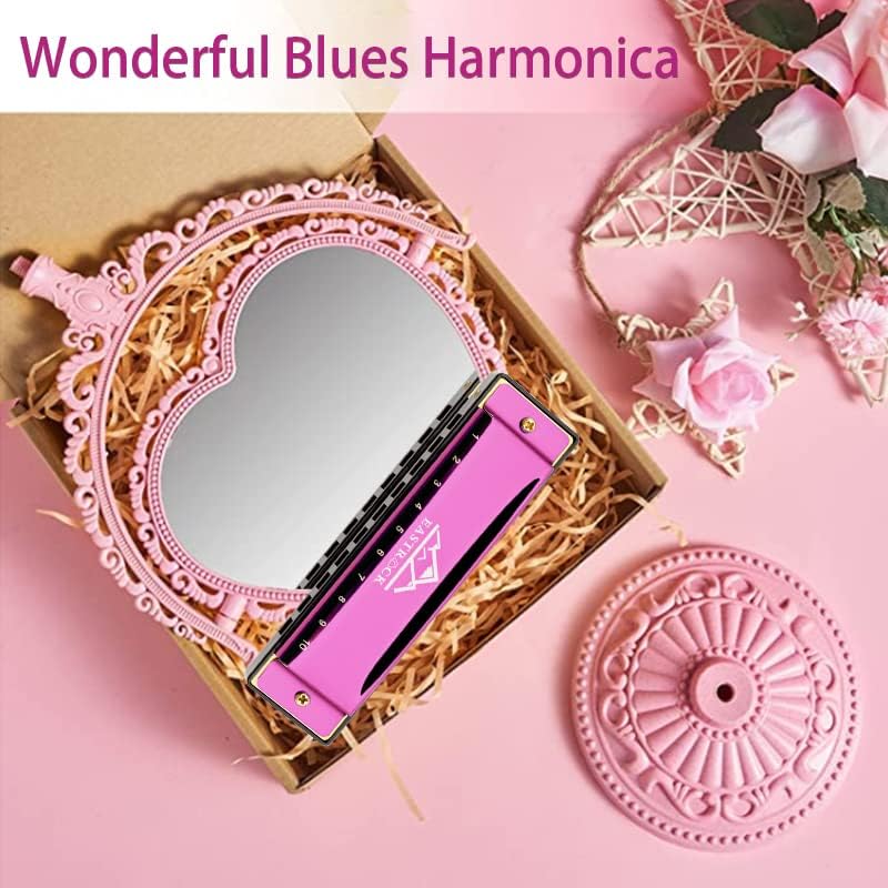 EastRock Blues Harmonica Mouth Organ 10 Hole C Key with Case, Diatonic Harmonica for Professional Player, Beginner, Students gifts, Adult, Friends, Gift(Pink))