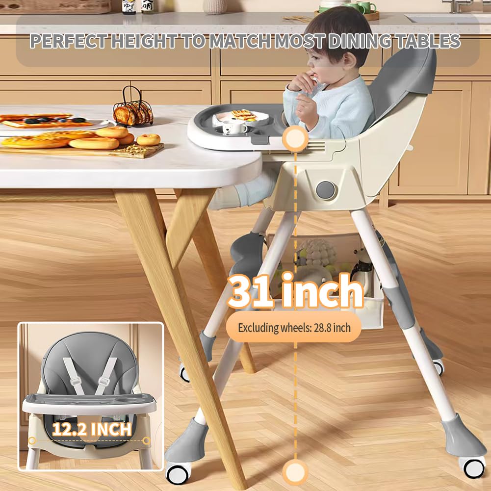 High Chairs for Babies and Toddlers, 4 in 1 Convertible Baby High Chair, Portable High Chair for Travel with Adjustable Height and Back, Foldable HighChair with Wheels& Pu Cushion (Grey)