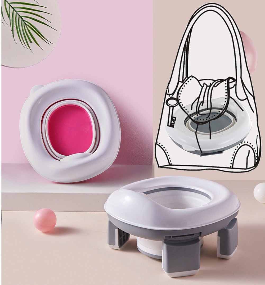 Kids Travel Potty | Foldable Car Potty | Potty Training Toilet w/Travel Bag & Potty Liners for Indoor and Outdoor (Pink)