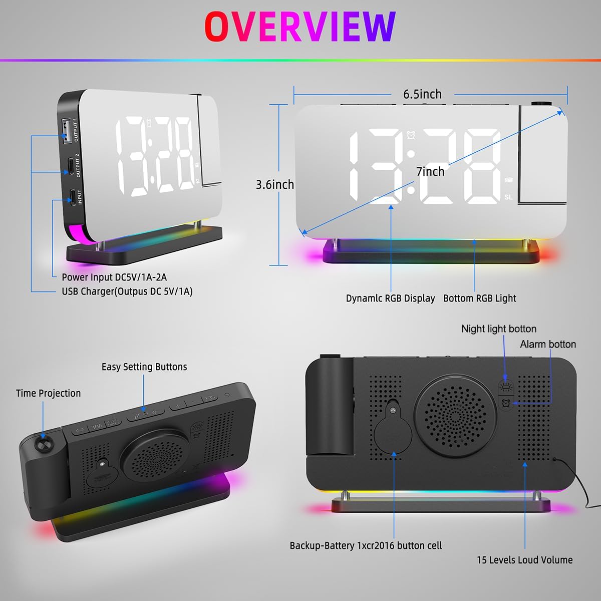 Projection Alarm Clock for Bedroom Ceiling,RGB Digital Clocks Radio with 10 Colors RGB Night Light,Loud Alarm Clock for Heavy Sleepers,USB C Charger Port,Snooze,12/24H,Auto Dimming
