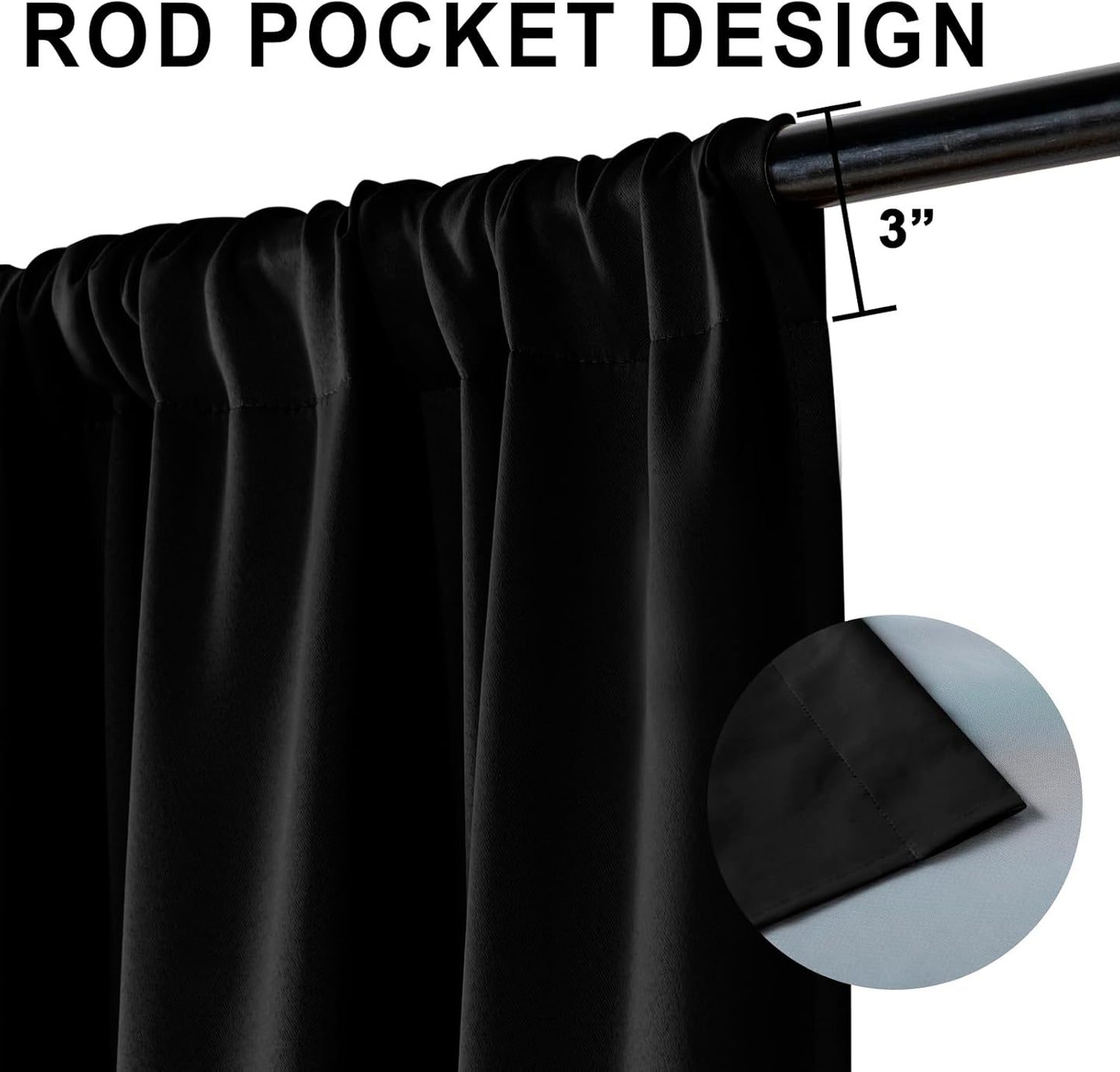 XWZO 100% Blackout Curtain Panels - Extra Wide Thermal Insulated Black Liner, Noise Reducing and Heat Blocking Rod Pocket Drapes for Hall and Studio Windows with Tiebacks, Black, W70 x L63, Set of 2