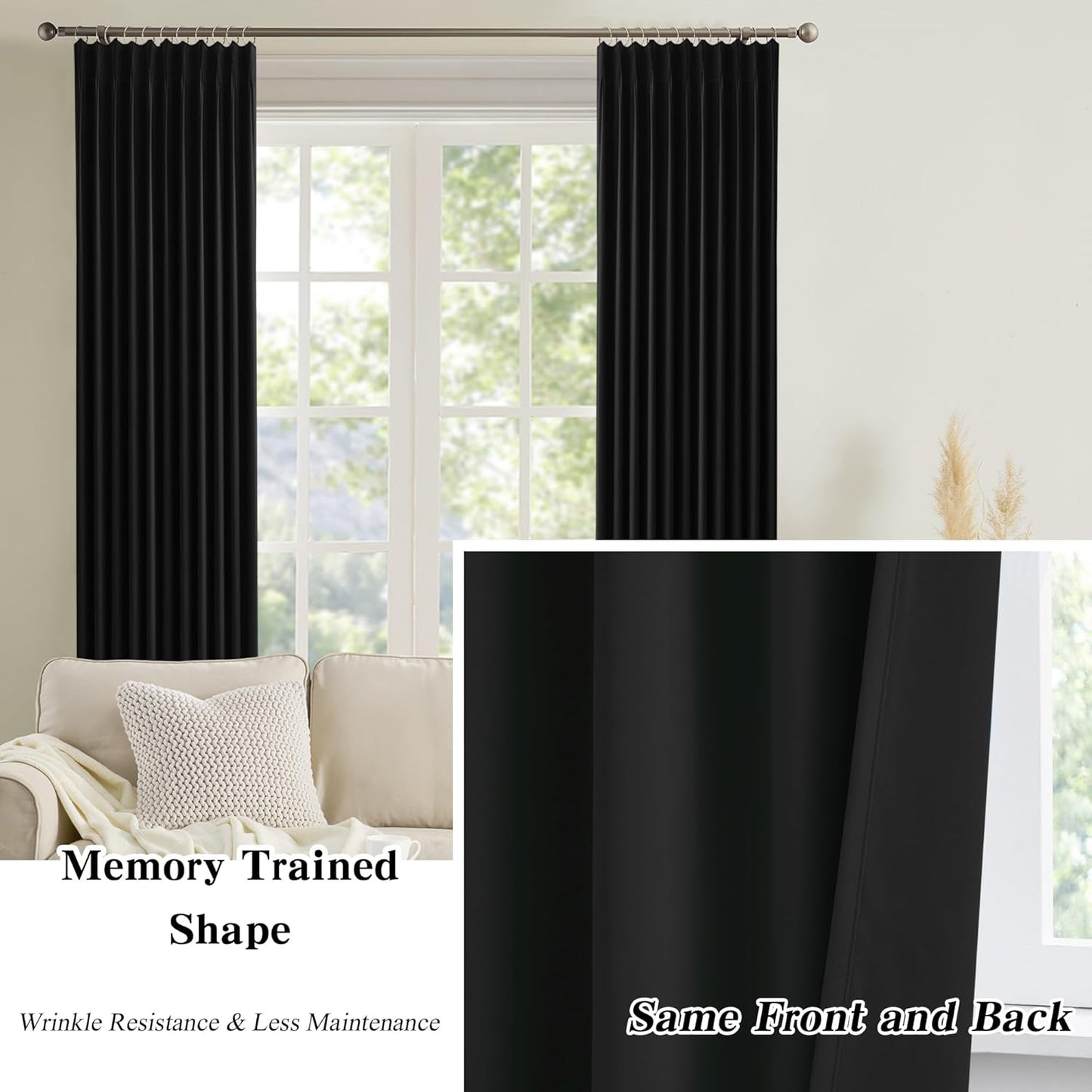 KEQIAOSUOCAI Black Blackout Curtains 150 Inches Long for Living Room Patio Door 2 Panels Set Room Darkening Pinch Pleated Extra Long Polyester Pinched Curtains Thermal Insulated Drapes 40 Wide