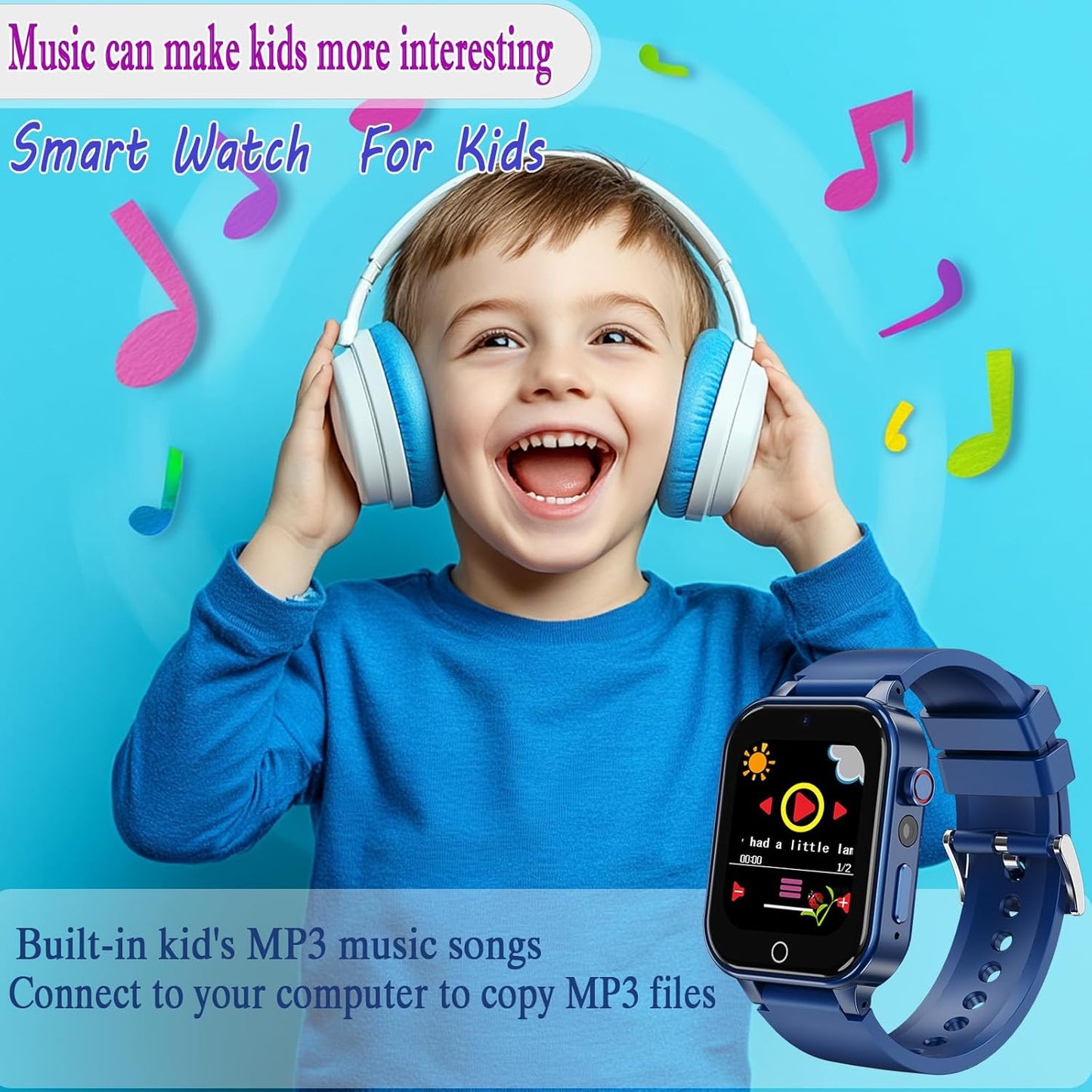 Goodatech Smart Watch for Kids 4-12 Years Boys Girls, 26 Puzzle Games,Camera,Video Music Player,Pedometer,Flashlight,Alarm Clock, Learning Education Toys Gifts (Blue)