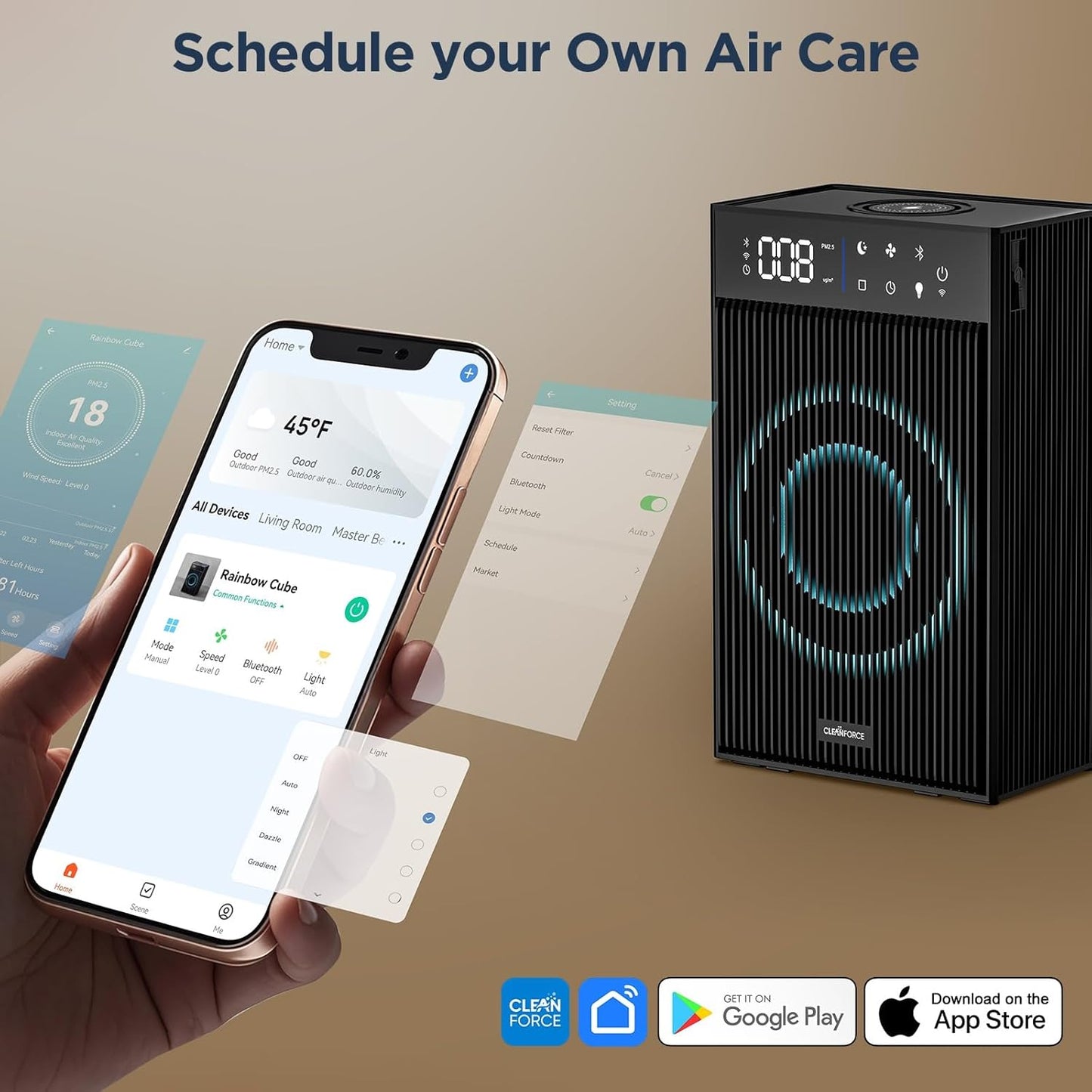 CleanForce Rainbow Cube | World’s First 4-in-1 Space-saving Air Purifier with Bluetooth Speaker, Wireless Charger & Aroma Diffuser | Swiss Tech,over 900ft² Coverage | Ultra-Quiet