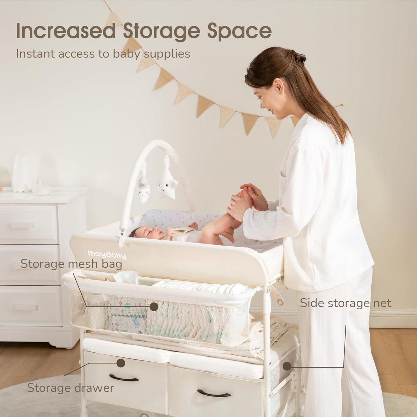 Baby Changing Table with Wheels, Maydolly Portable Foldable Changing Table, Waterproof Diaper Changing Station, Adjustable Height Changing Station, Mobile Nursery for Newborn and Infant (Beige)