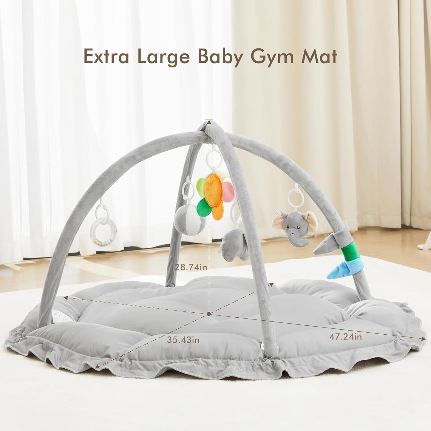 ANGELBLISS 5 in 1 Baby Play Gym Mat, Reversible Tummy Time Mat with 5 Sensory Toys for Stage-Based Developmental, Thick & Large Baby Activity Center from Newborn to Toddler (Grey)