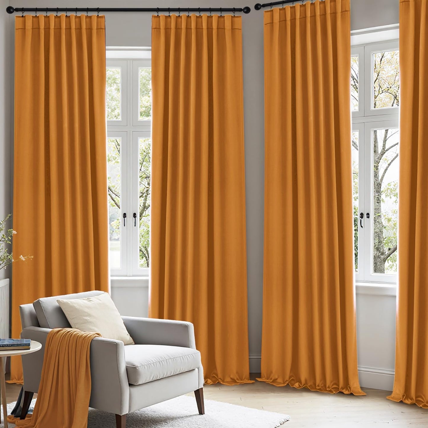 ANRODUO Back Tab Blackout Curtains for Bedroom Living Room, Rod Pocket Pinch Pleated Thermal Insulated Room Darkening Curtains 96 Inches Long 2 Panels, Mustard Yellow, 42 x 96 Inch