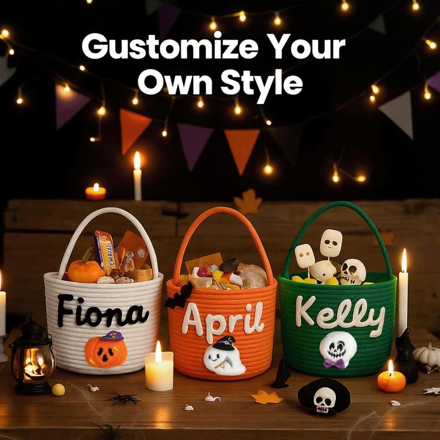 Custom Halloween Candy Basket with Name โ Personalized Trick or Treat Bag for Kids, Woven Pumpkin or Ghost Bucket, Cute Halloween Tote for Boys & Girls
