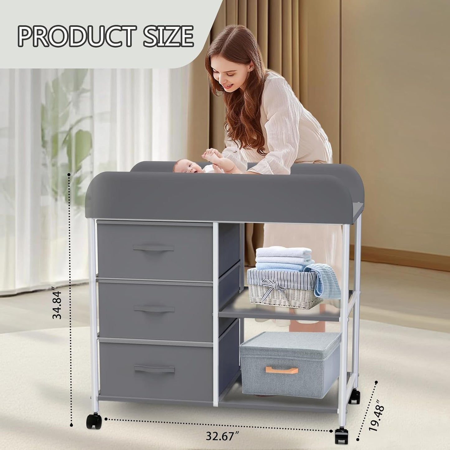Baby Changing Table, Portable Changing Table, Diaper Changing Station with Waterproof Pad, Changing Table Dresser with 3 Storage Baskets, Mobile Nursery Organizer for Newborn Essentials