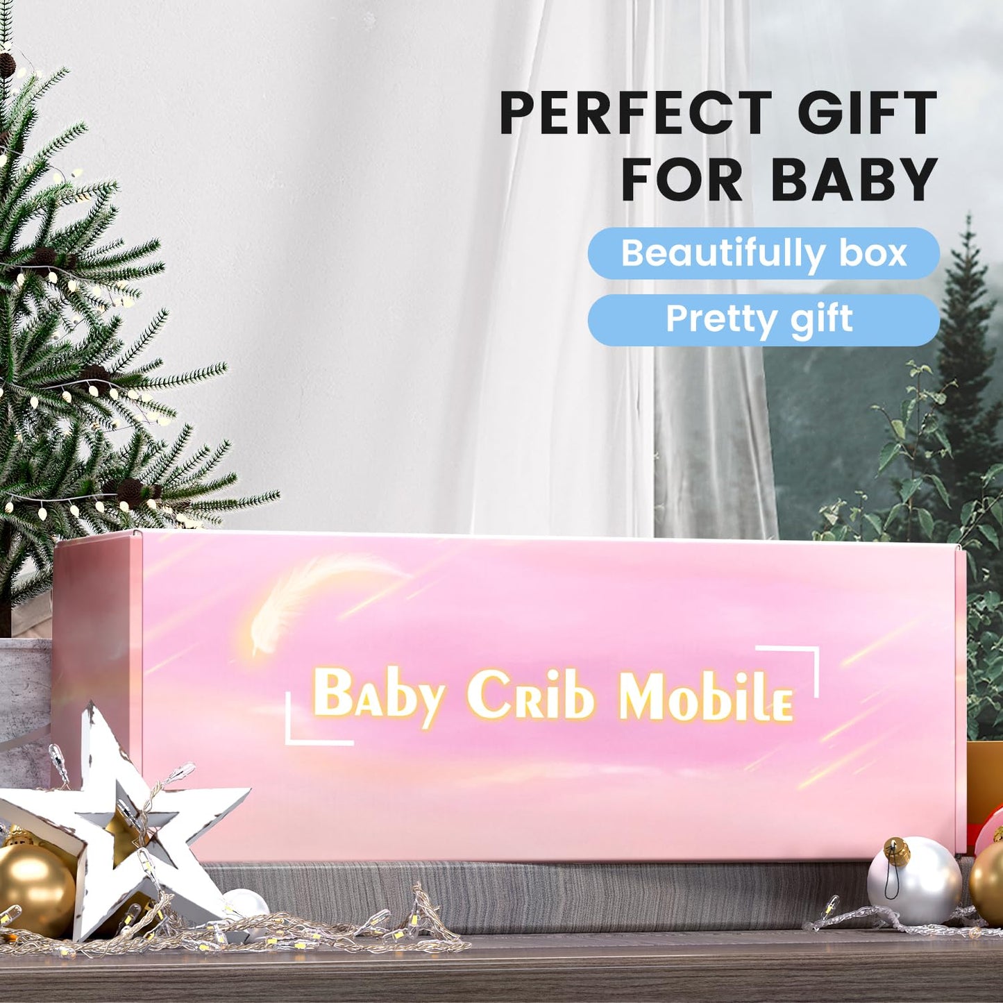 FEISIKE Baby Crib Mobile for Girls Boys with 3 Modes Digital Musical Motor(Rotating Only, Music Only, Rotating & Music, 35 Lullabies, Pink Elephant Nursery Mobile, Knob Type