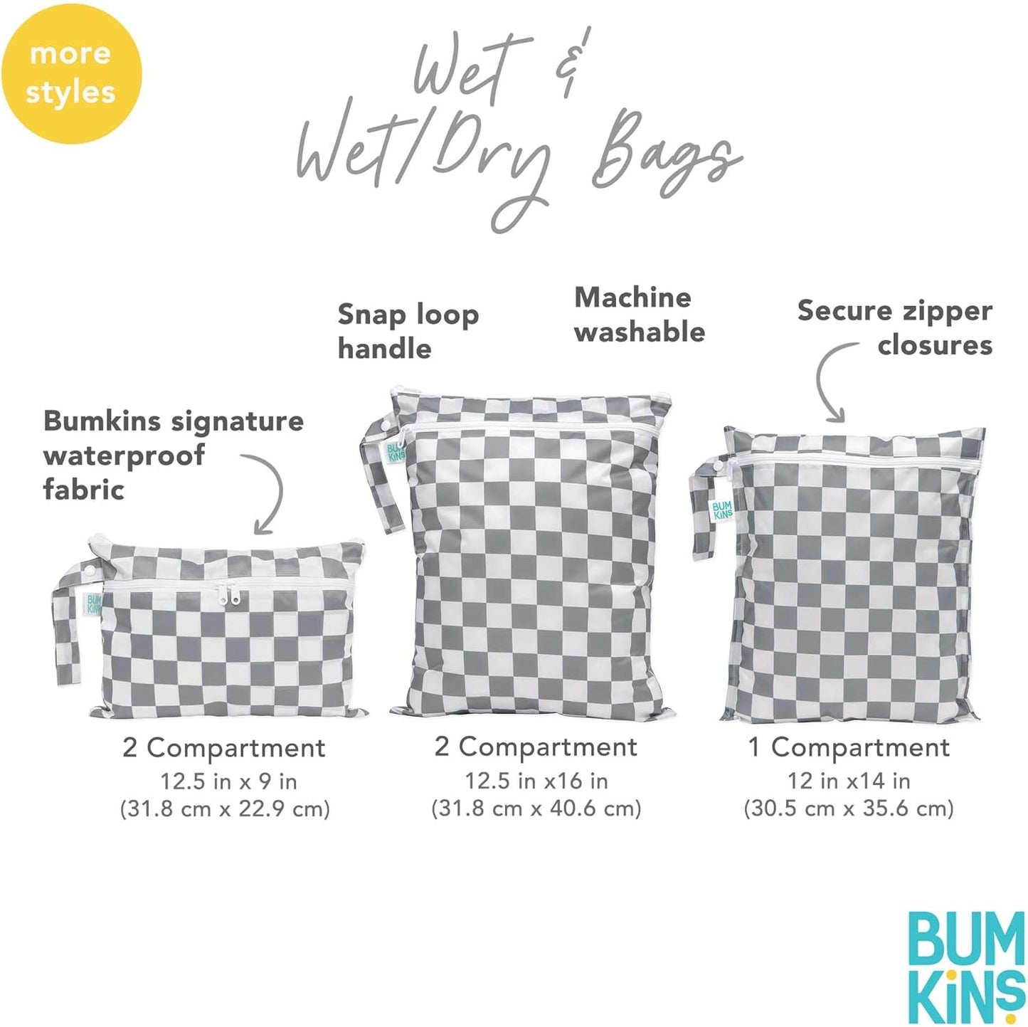 Bumkins - Waterproof Wet Bag - For Baby, Travel, Swim Suit, Cloth Diapers, Pump Parts, Pool, Gym, Toiletry, Strap to Stroller - Reusable & Easy to Clean - 2pk - Gray & Mint Check