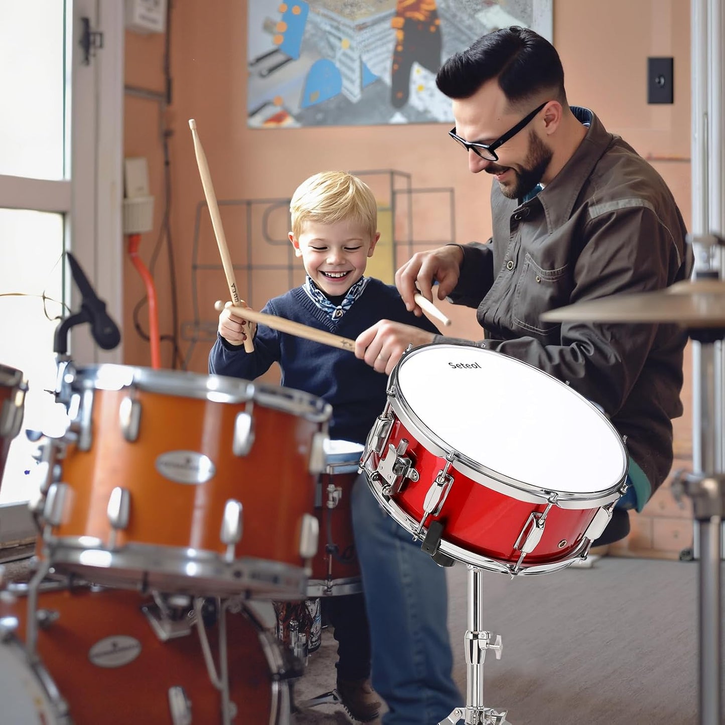 Snare Drum Kit, 14" x 5.5" Marching Snare Drum + Storage Padded Bag + Silent Mute Pad + A Pair Of 5A Drumsticks + Drums Key, Portable Drums Hardware Set for Adults Kids Student Beginners (Red)