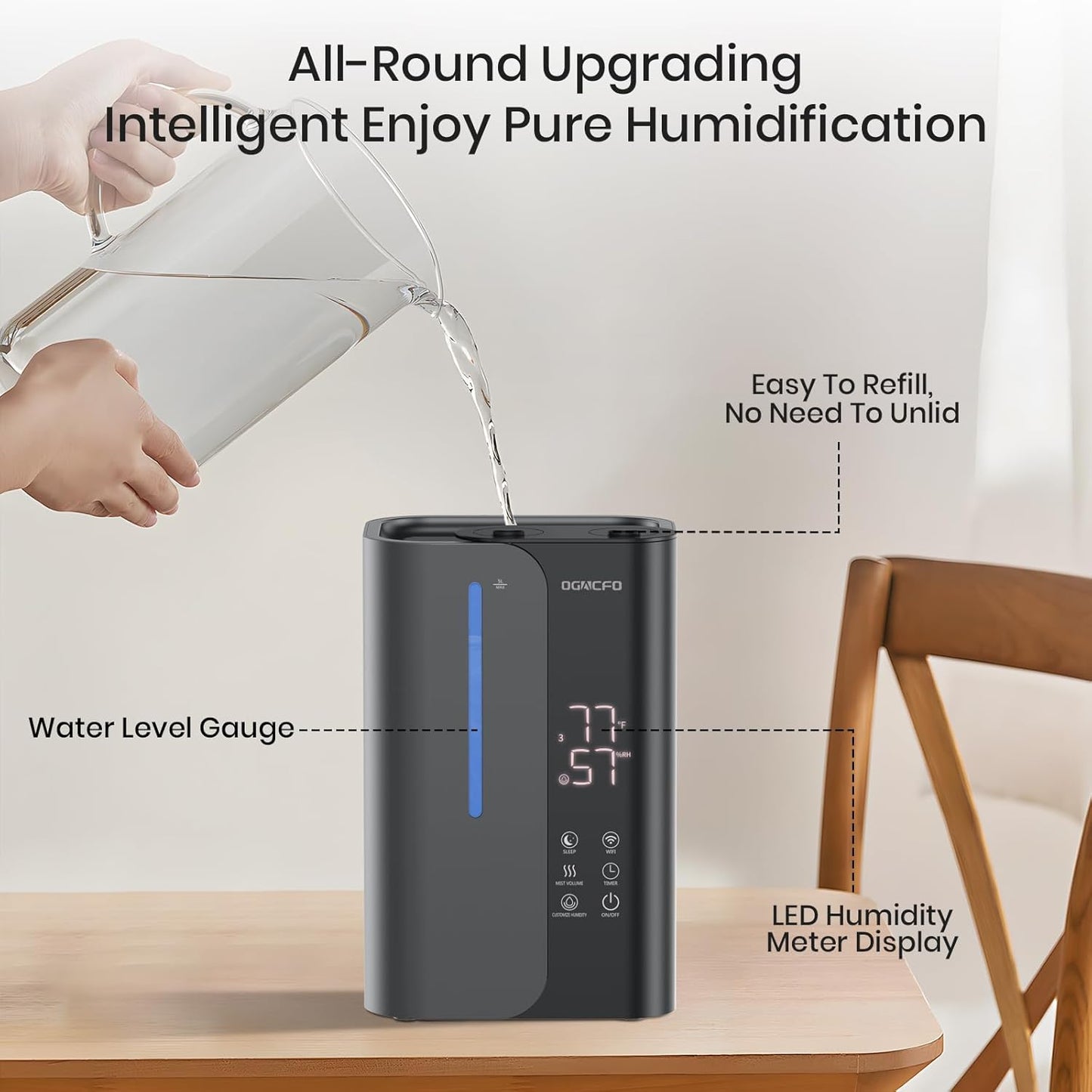 5L Smart Air Humidifiers for Bedroom with Essential Oils, Top Fill 50H Runtime Cool Mist Large Humidifiers for Home Bedroom Nursery, 28 dB Quiet Humidifier for Baby & Plants
