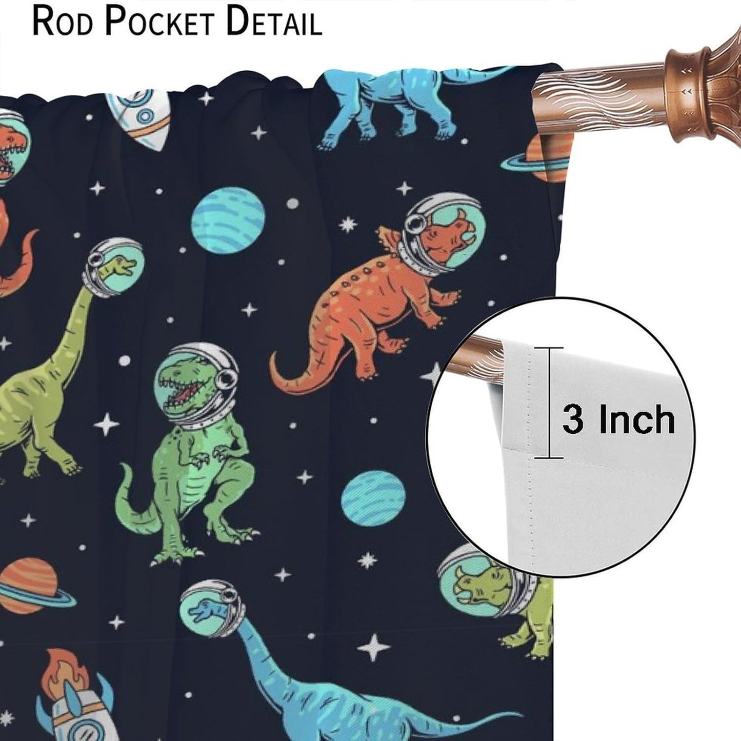 Cartoon Dinosaur Curtains for Kids Boys Girls Home Decor, Astronaut Rocket Funny Outer Space Blackout Rod Pocket Window Drapes for Bedroom Living Room W31.5xL63in 2 Panels