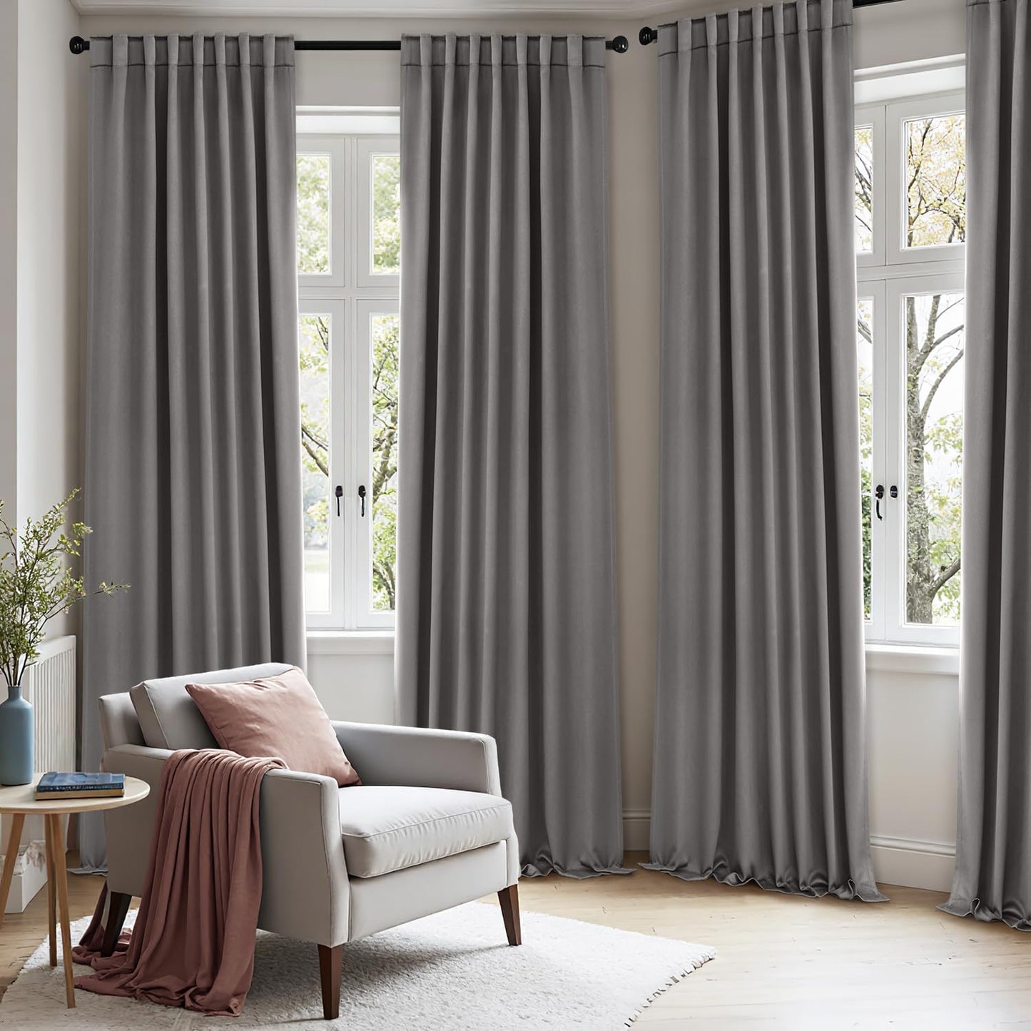 ANRODUO Back Tab Blackout Curtains for Bedroom Living Room, Rod Pocket Pinch Pleated Thermal Insulated Room Darkening Curtains 90 Inches Long 2 Panels, Grey, 52 x 90 Inch