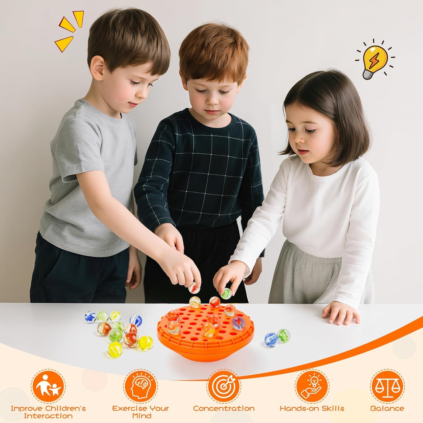 Marble Balance Game - 50 Colorful Marbles with Built-in Storage, Fun Family Challenge for 1-4 Players, Educational Toy for Kids & Adults, Perfect for Parties, Travel & Birthday Gifts (Sunset Orange)