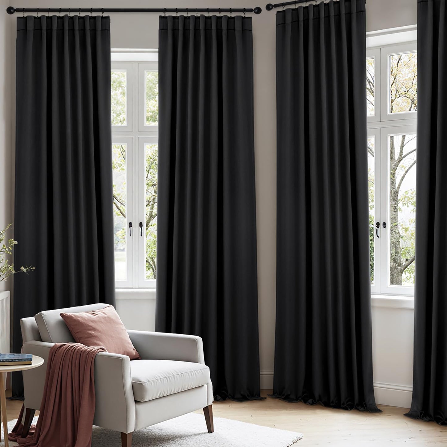 ANRODUO Back Tab Blackout Curtains for Bedroom Living Room, Rod Pocket Pinch Pleated Thermal Insulated Room Darkening Curtains 72 Inches Long 2 Panels, Black, 42 x 72 Inch