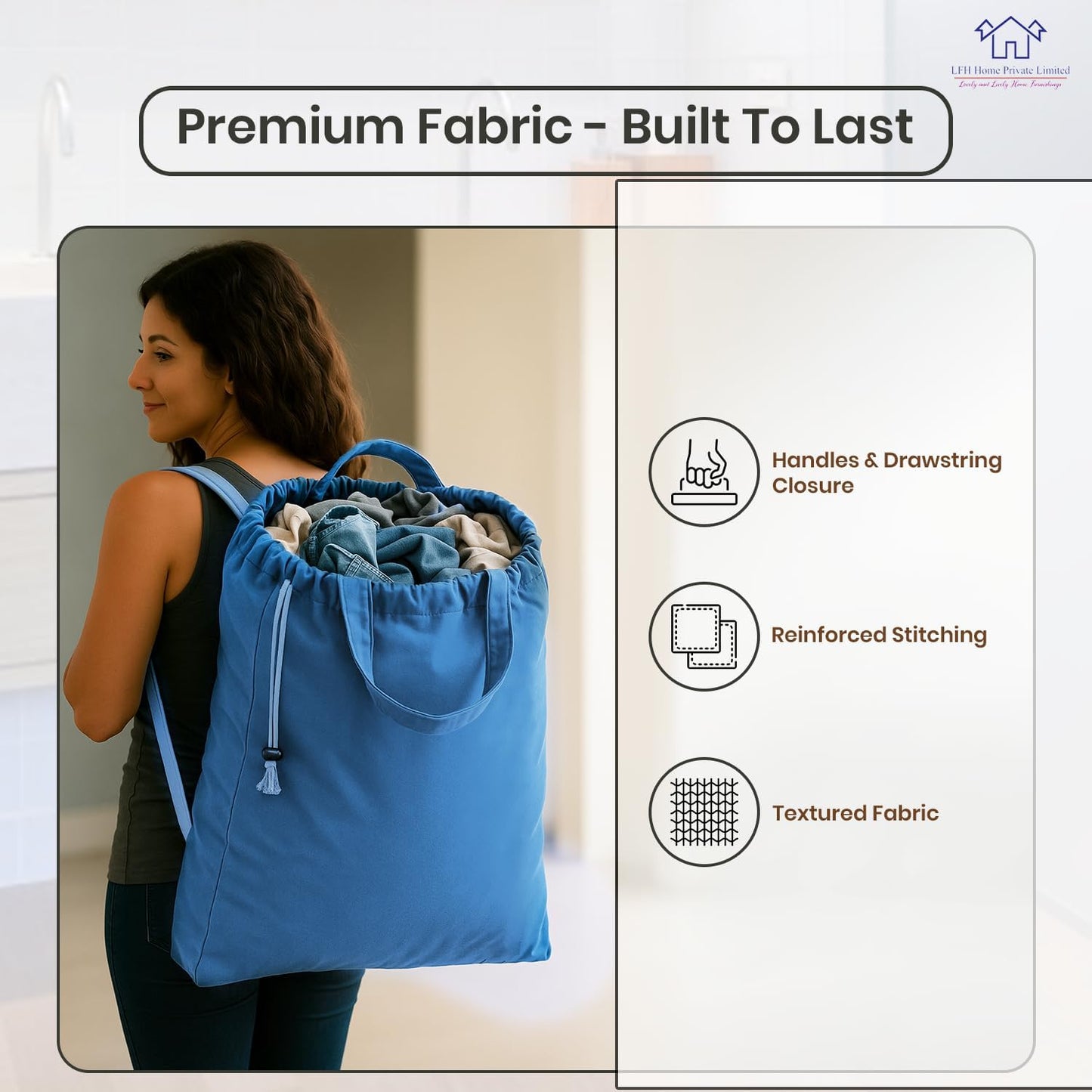 LFH Home Cotton Canvas Large Laundry Bag with Handle, Heavy Duty Drawstring Closure Washable Laundry Bags, School Travel, Home, Hotel, College Dorm, Organizer Sack, Toys Clothes 28x36-Sky Blue