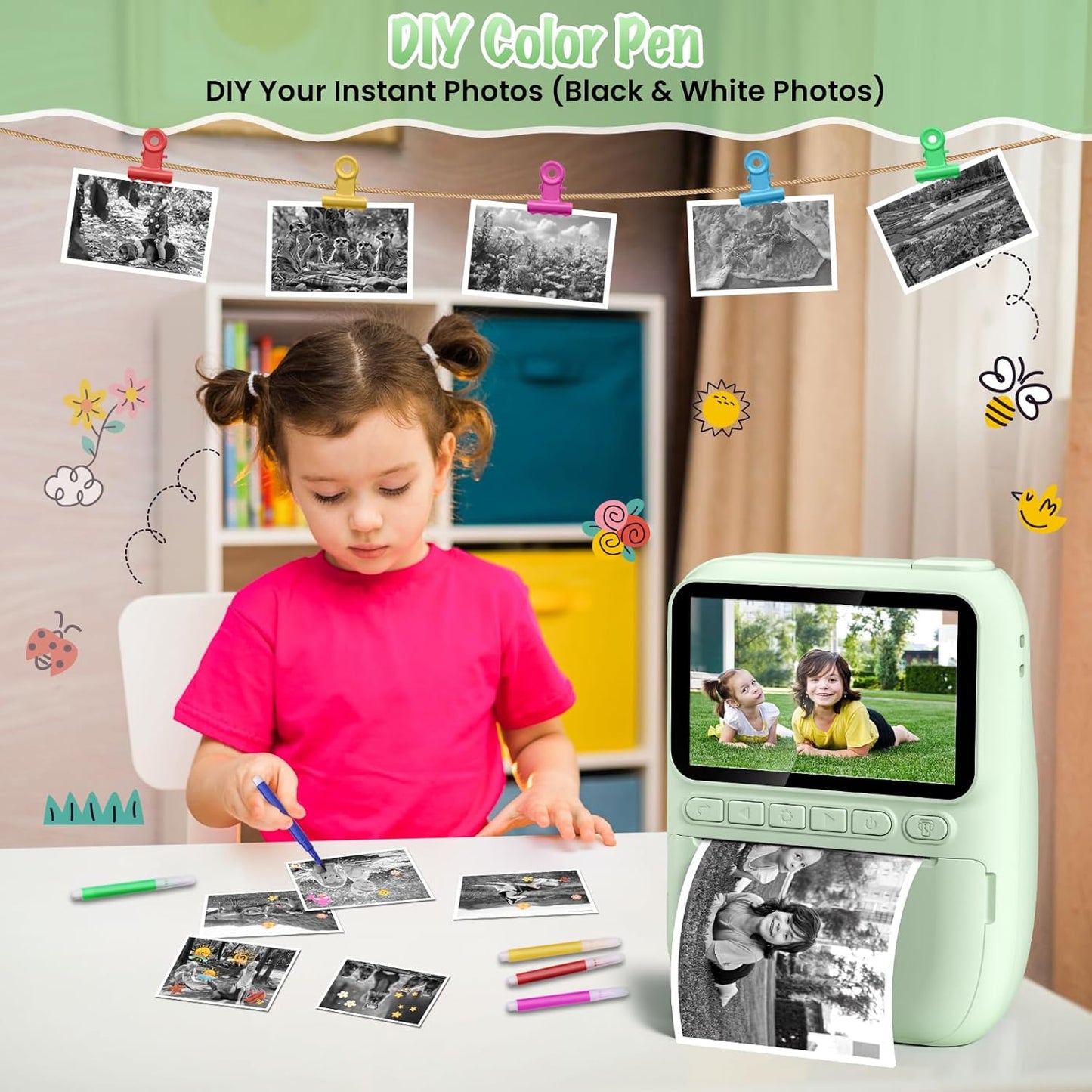 Kids Camera Instant Print, 3.0" HD 32MP 1080P Toddler Digital Camera with 3 Rolls of Printer Paper, Birthday Gifts Toy for 3-12 Year Old Girls Boys with 32GB SD Card-Green