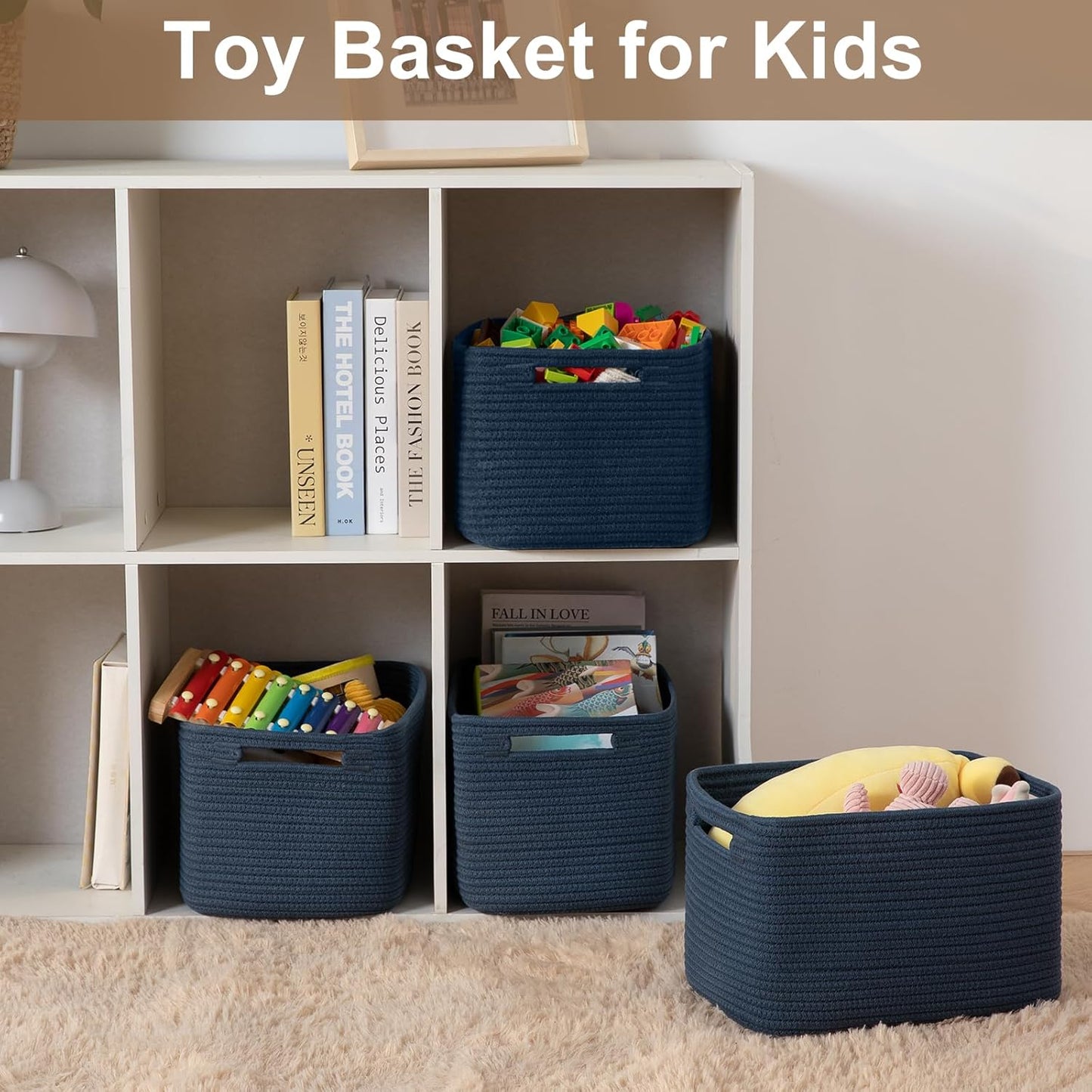 Storage Baskets for Organizing, Woven Decorative Baskets for Shelves - Books, Towels, and Clothes, Cotton Rope Toy Storage Bins, 12.7''Lx9''Wx7.8''H, Pack of 4, Blue