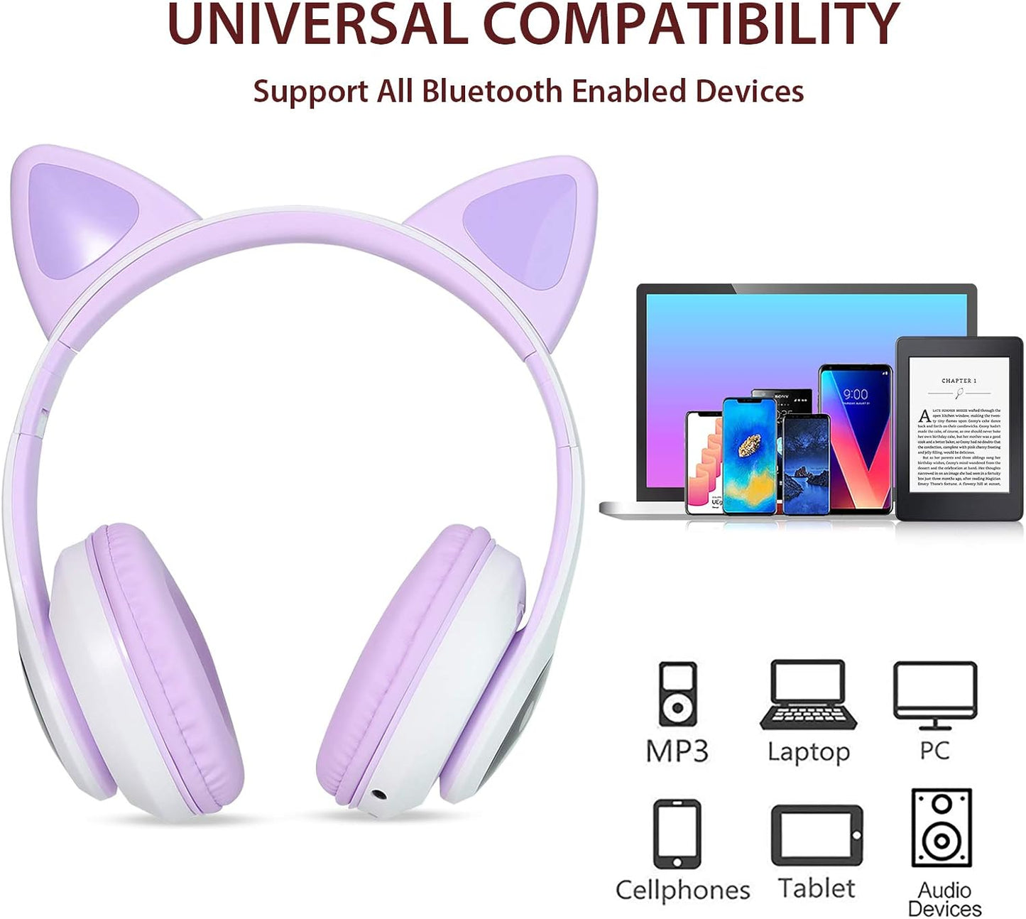 TCJJ Kids Wireless Headphones - Cat Ear LED Light Up, Bluetooth 5.4, Safe Volume Limit, Noise Cancelling with Mic & TF Card for Girls Boys Toddlers School (Purple)
