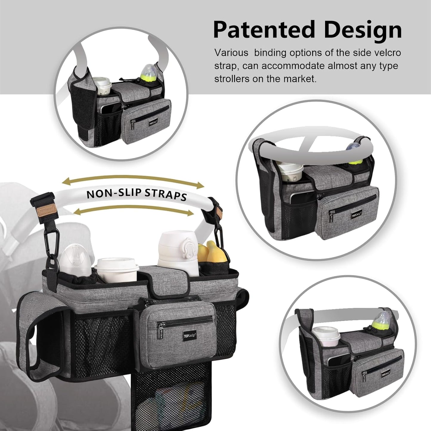 TOPDesign Universal Baby Stroller Organizer, Double Stroller Caddy with Detachable Mesh Bag & Heightened Insulated Cup Holders & Non-Slip Secure Hooks Accessories, Fits Most Strollers (Grey)