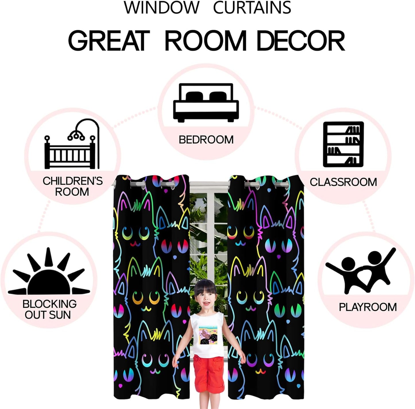 Cat Curtain Panels for Girls - 2Pcs Cat Blackout Curtains for Girls Bedroom, 82" W x 63" L