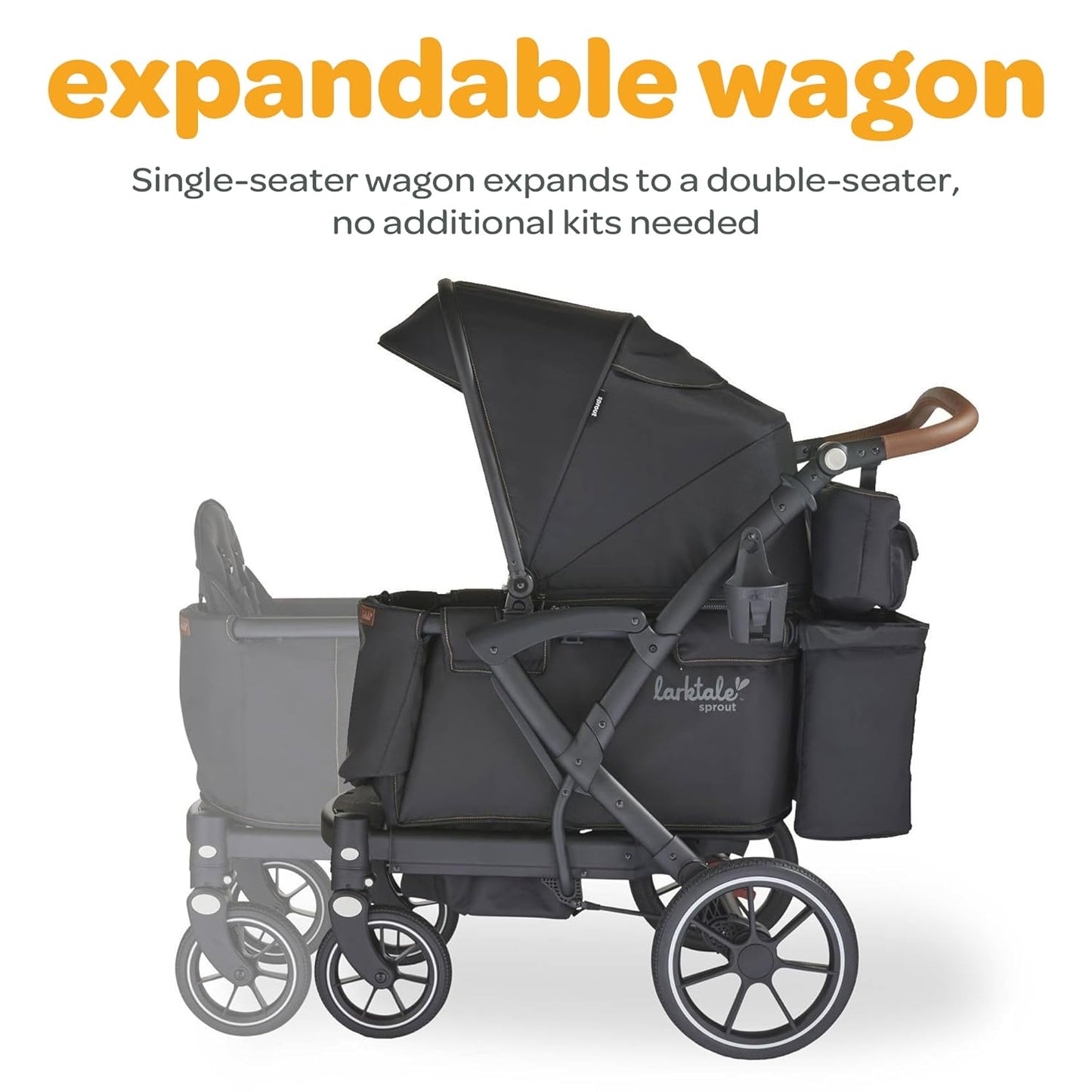 Larktale Adjustable Stroller, 2 Seater Kids Wagon, 120 Pound Capacity, Sprout V2, Black
