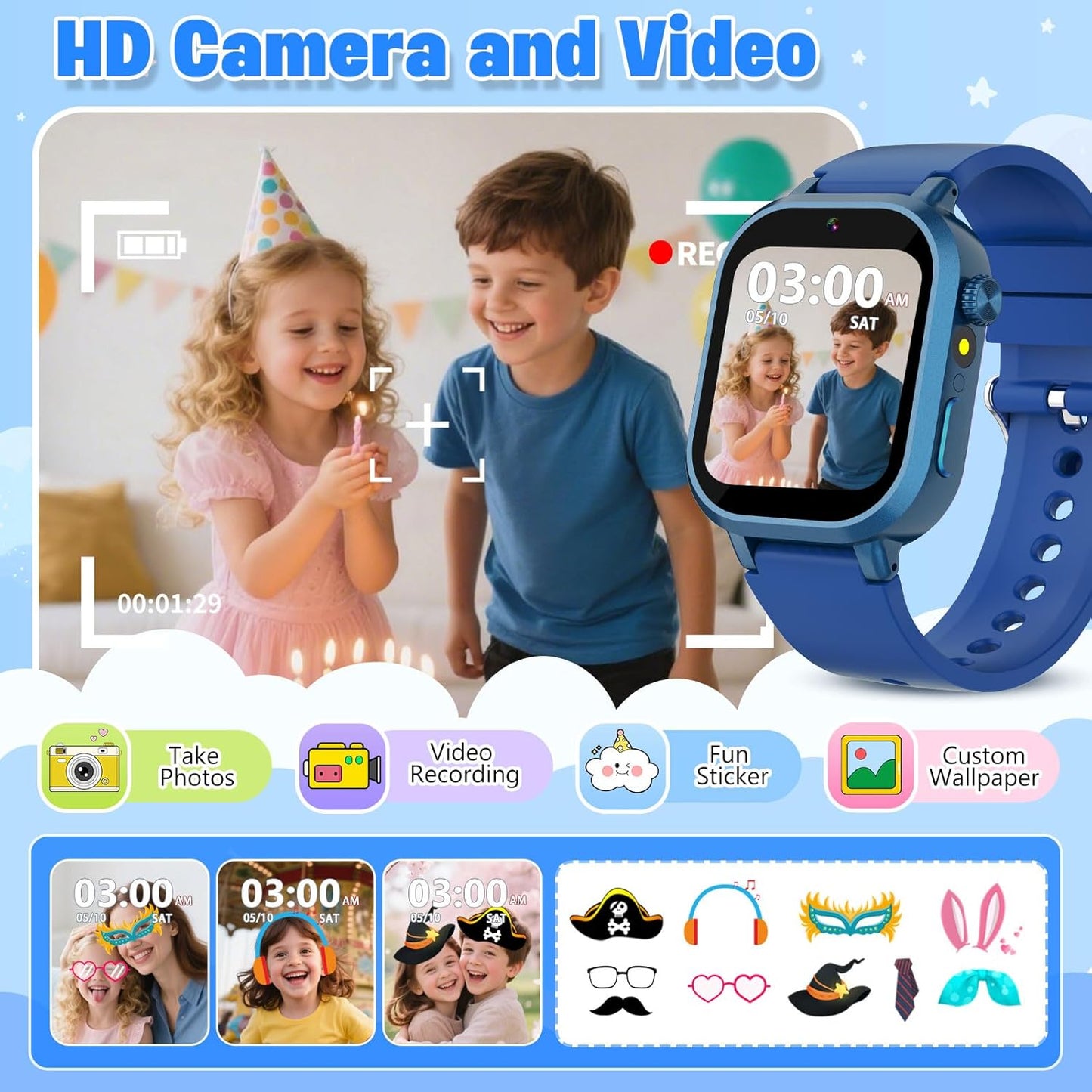 Kids Waterproof Smart Watch Boys Gift Age 3-12 with 39 Game HD Touch Screen Music Player Video Camera Pedometer Alarm Clock Birthday Gift for 6 7 8 9 Year Olds Blue