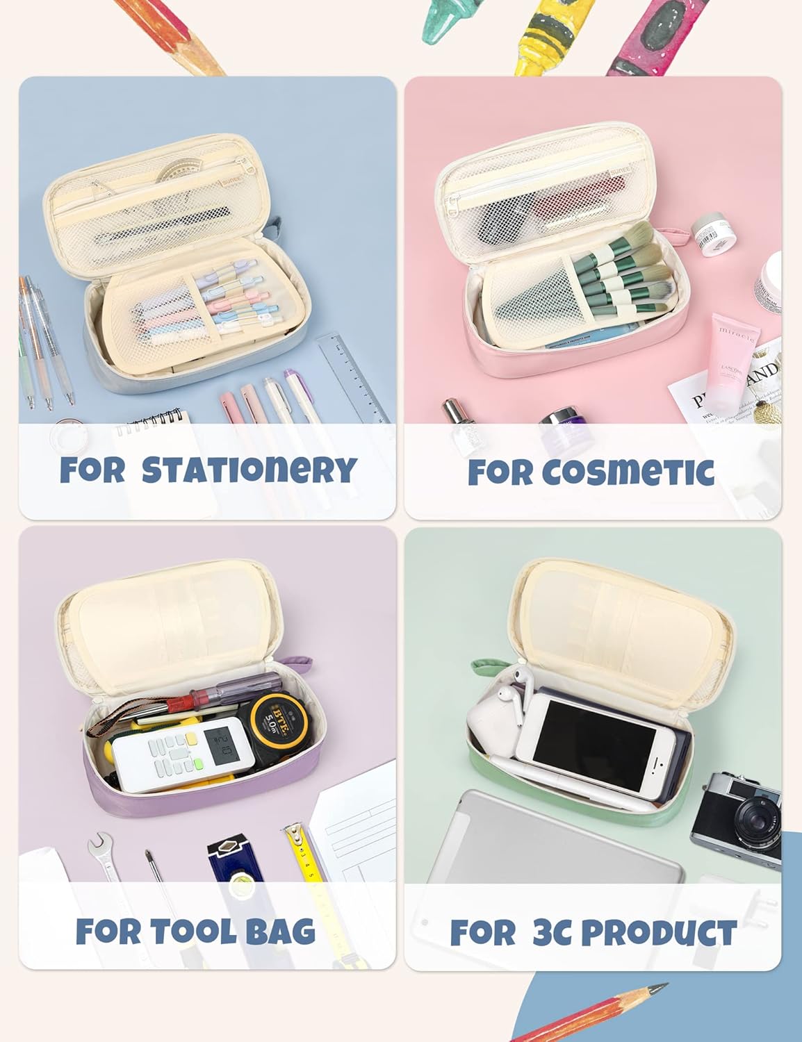 SUNEE Large Pencil Case, Cute Pen Pouch, Aesthetic Zipper Stationery Bag Large Capacity Kawaii Pen Organizer, Blue, Bag Organiser