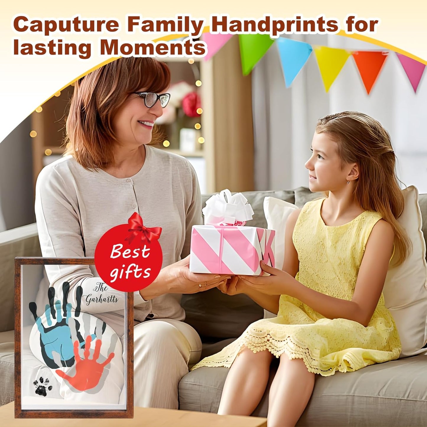 PUDEKO Family Handprint Kit,DIY Colorful Craft Keepsake Family Art Baby Newborn Hand and Footprint Wooden Frame for Home Decor Family Gifts Set(5 Sheets with 8 Colors) (Black)