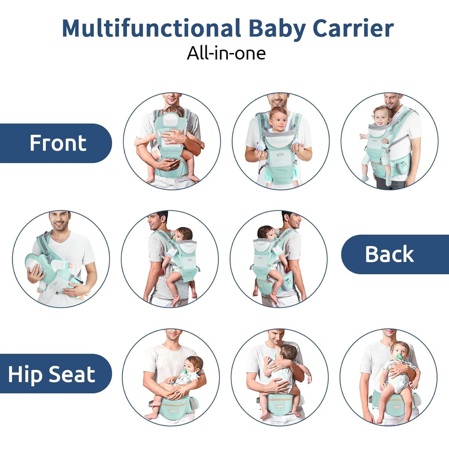 Baby Carrier with Hip Seat, Ergonomic M Position 6in1 Baby Carrier Newborn to Toddler,Head Support and Breathable Mesh Newborn Carrier,Adjustable Baby Holder Carrier for Dad&Mom-Green