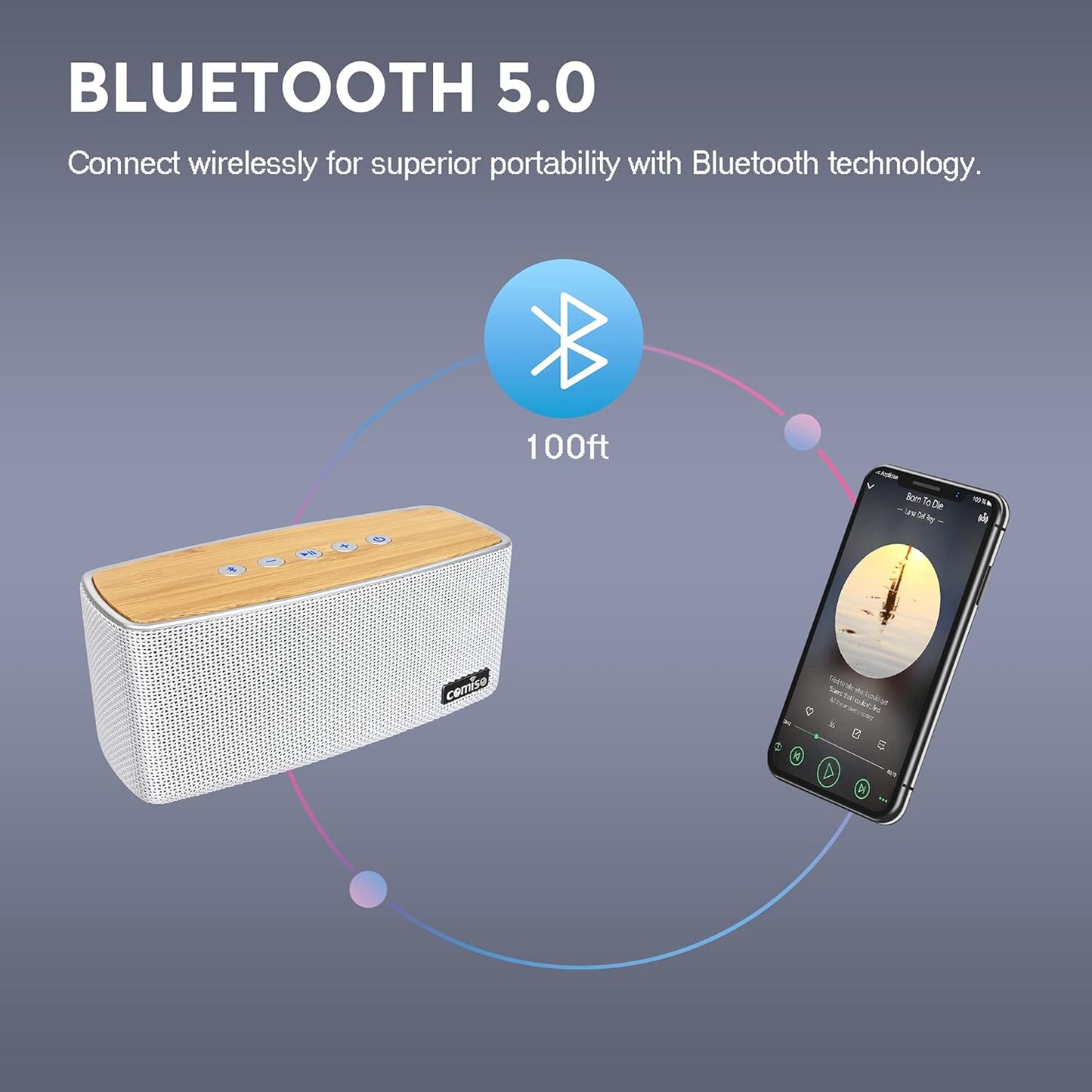 comiso Bluetooth Speakers, Portable Speaker 5.0 with 20W Stereo Sound, Wireless Stereo Pairing, Wood Bluetooth Audio with Subwoofer, 24H Playtime, Hands-Free, Great for Office, Home, Outdoor