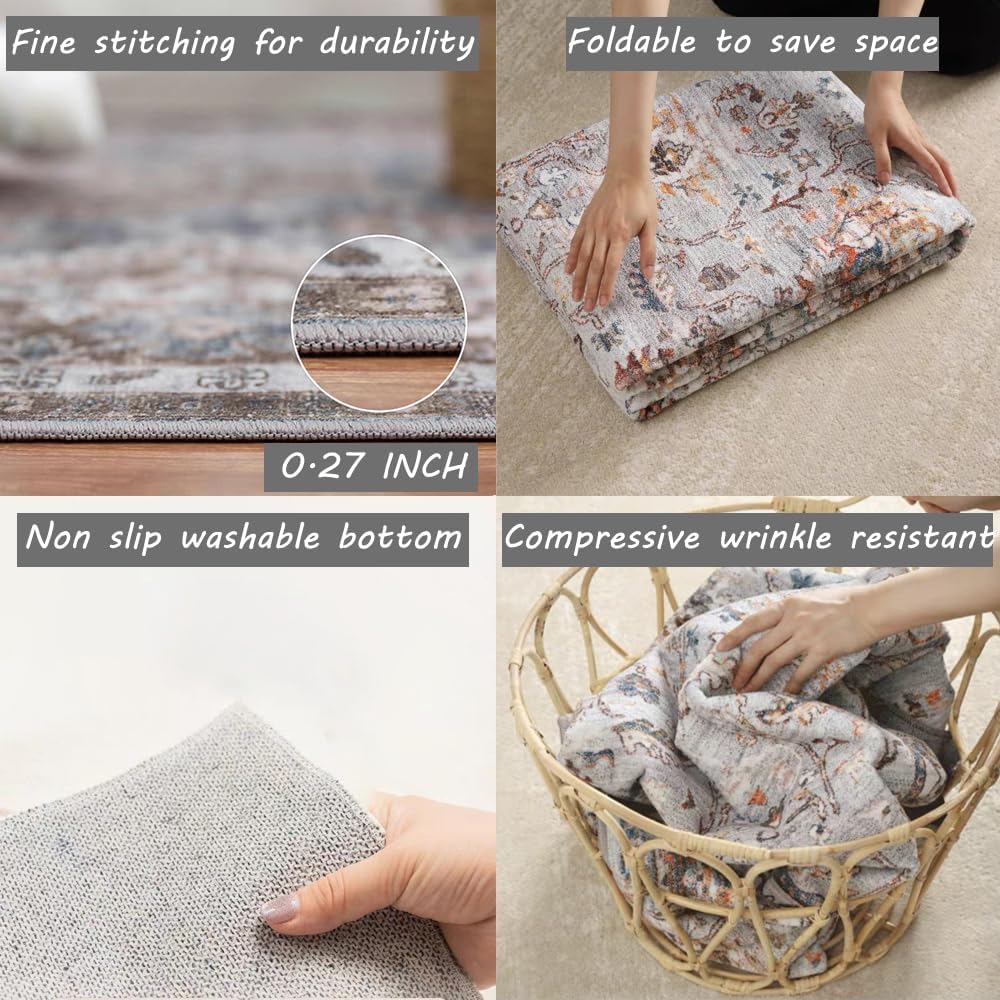 Area Rug 6x9 Washable Rug Dark Brown Vintage Traditional Distressed Thin Retro Kitchen Indoor Floor Cover Non Slip Carpet Floral Print Mat Living Room Bedroom Dining Room