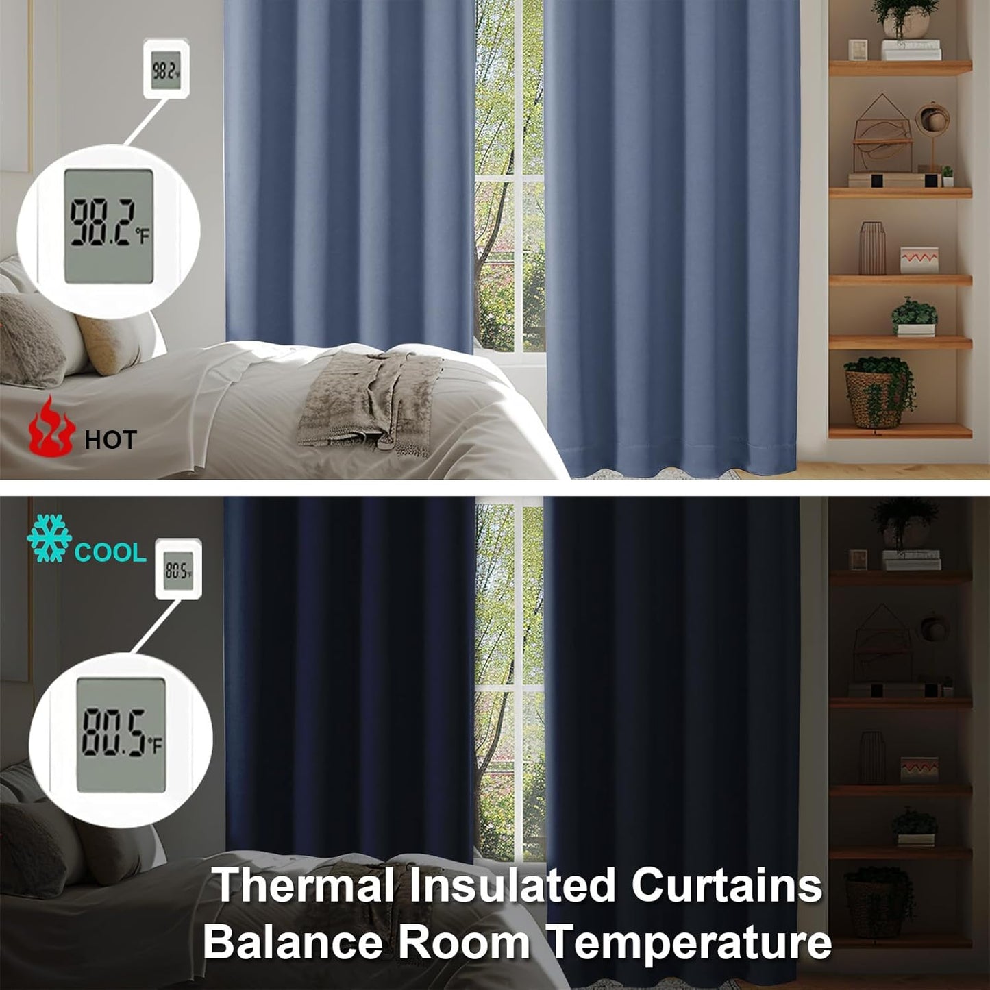 Simplebrand Ava Denim Blue Short Blackout Curtains for Bedroom 45 Inches Long 2 Panels Set, Solid Thermal Insulated, Energy Saving Window Treatment Curtains Blackout Drapes, W40 x L45 Inch, Denim Blue