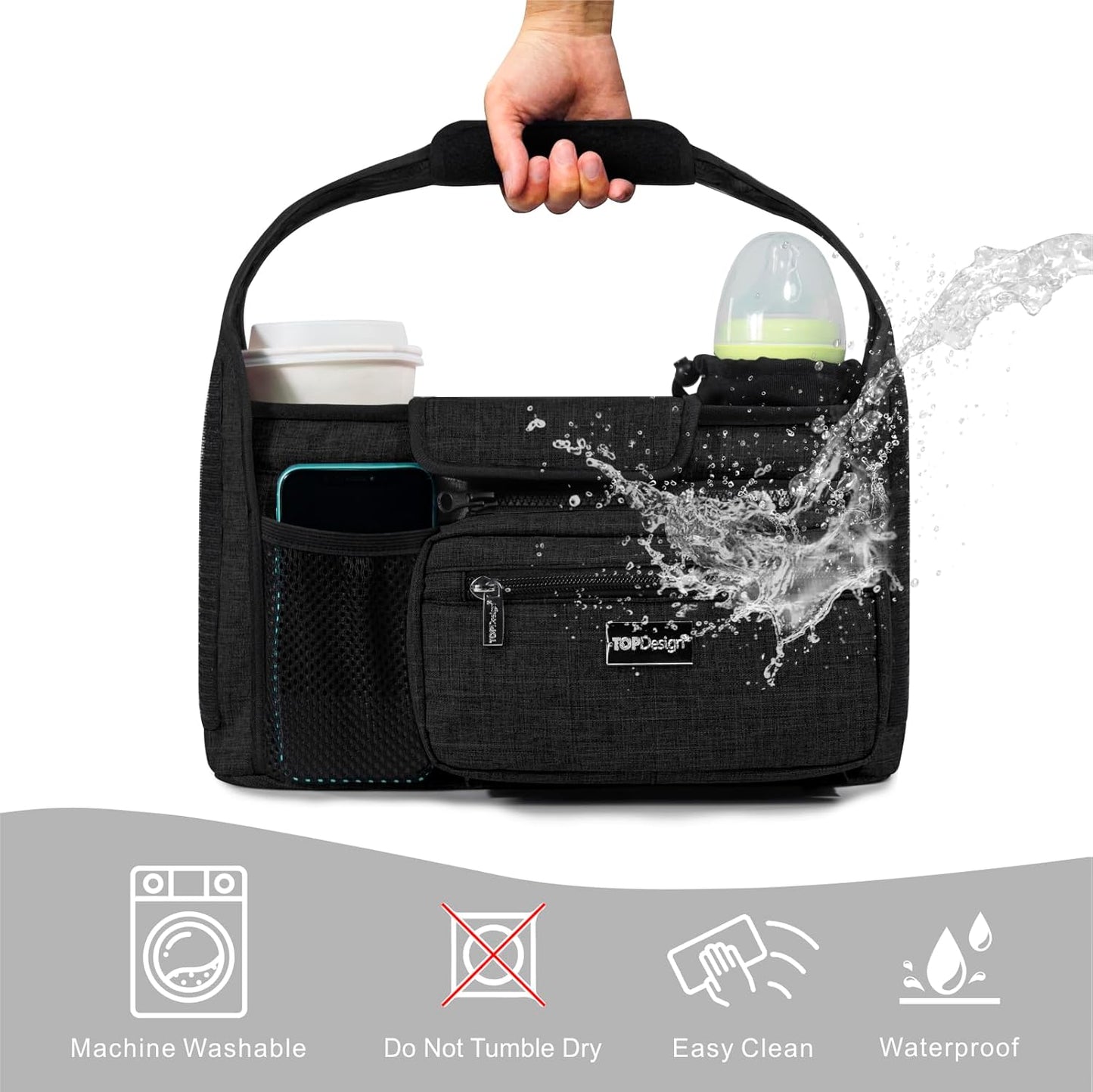 TOPDesign Universal Baby Stroller Organizer, Stroller Caddy with Detachable Mesh Bag & Heightened Insulated Cup Holders & Non-Slip Secure Hooks Accessories, Fits Most Strollers (Butterfly)