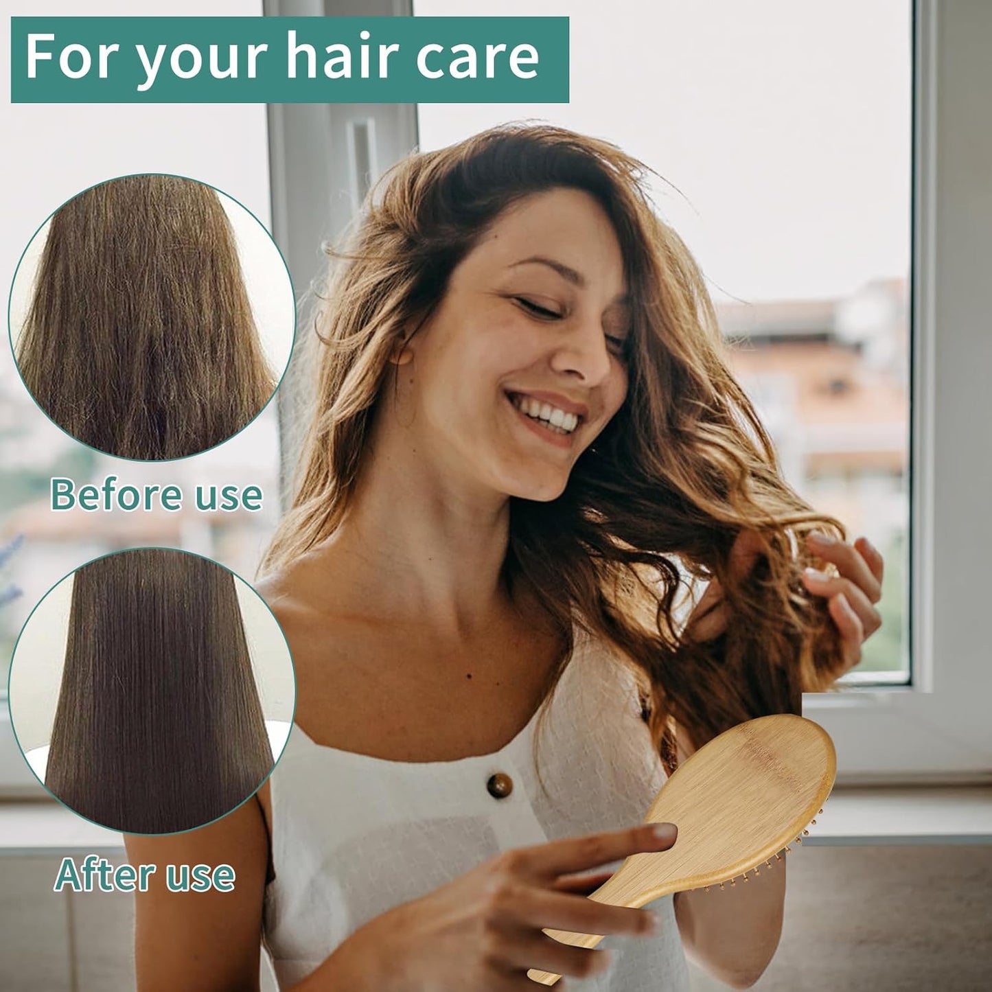 Bamboo Hair Brush Set, Natural Wooden Bamboo Comb Paddle Detangling Hairbrush for Hair Growth - Wide-tooth and Tail Comb Suitable for Thick/Thin/Curly/Dry Hair