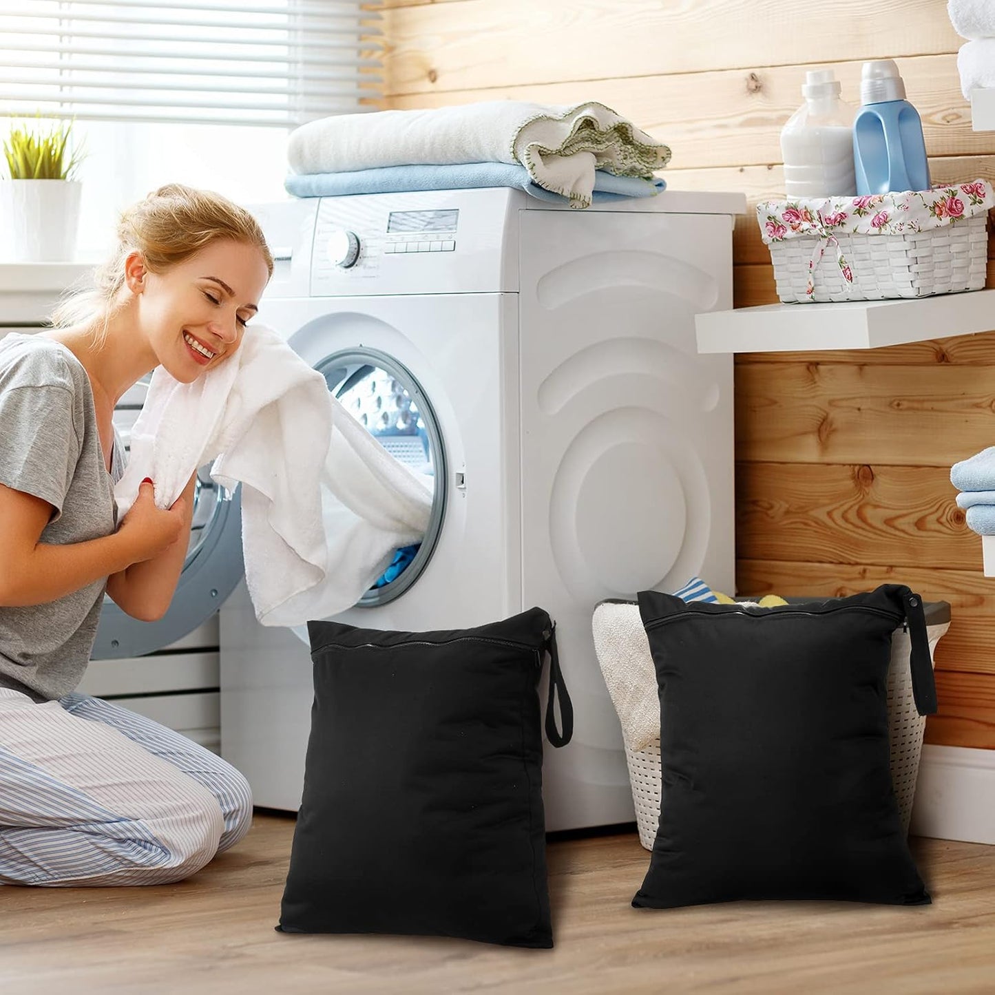 Shappy 2 Pcs Large Travel Laundry Bag Washable Waterproof Wet Dry Large Dirty Clothes Bag Bathing Workout(Solid Black)