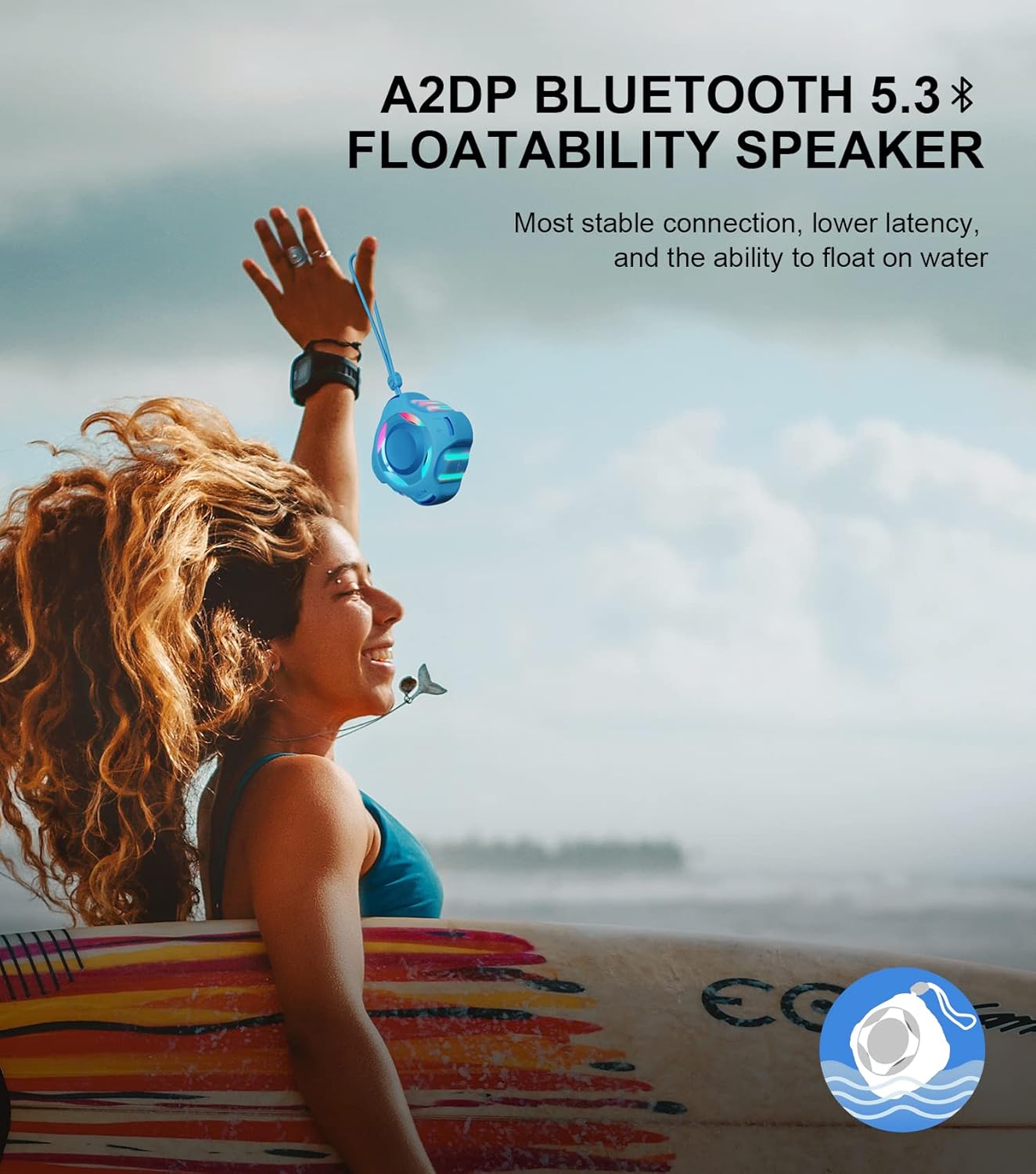 comiso Shower Bluetooth Speaker, IP67 Waterproof Speaker with LED Light, Portable Speakers with True Wireless Stereo, Floating, 2000mAh, Built-in-Mic, Ideal for Travel, Beach, Gifts for Unisex.