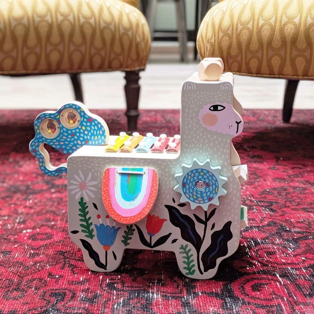 Manhattan Toy Musical Llama Wooden Instrument for Toddlers with Maraca, Clacking Saddlebags, Drumsticks, Washboard & Xylophone