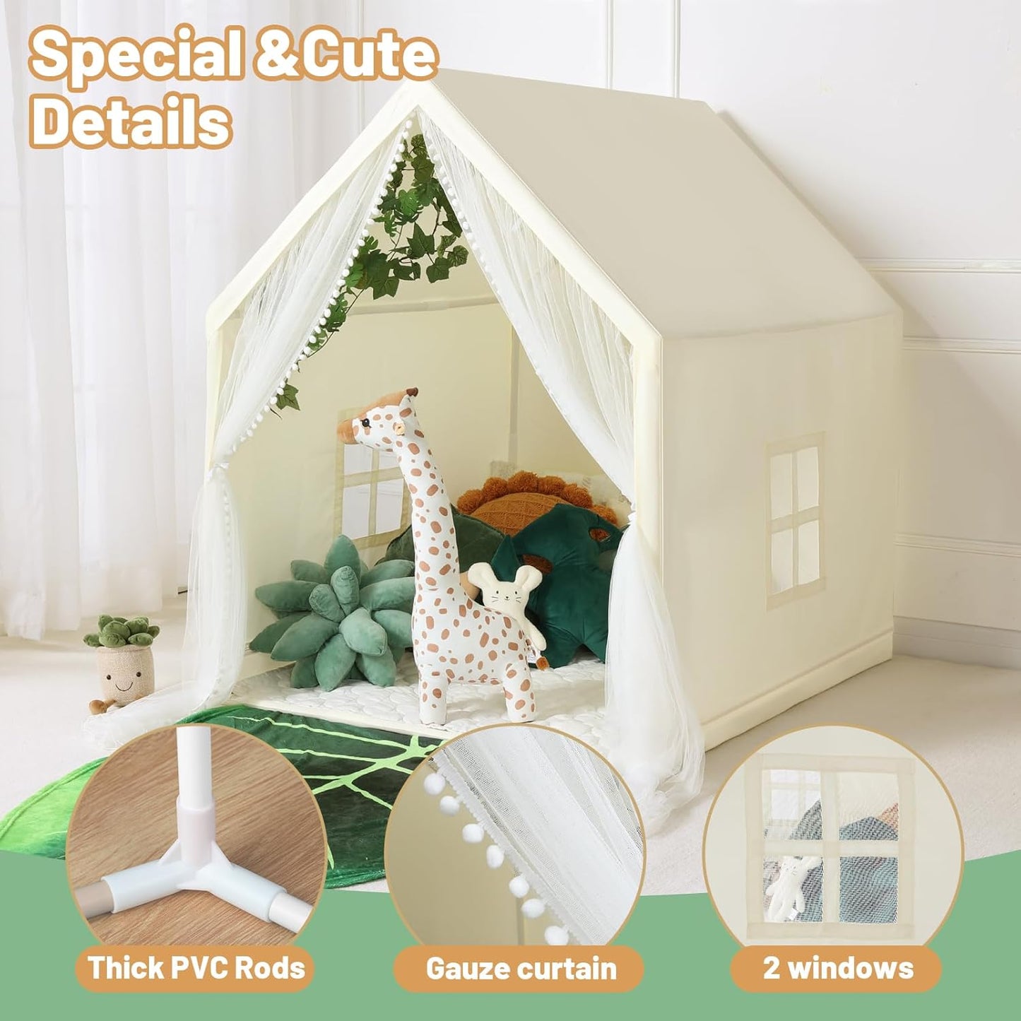 Wilwolfer Kid Tent with Mat, Star Lights - Kids Play Tents for Toddlers Kids Tents Indoor Playhouse - Princess Tent for Girls Toy House Gift (Beige with Mesh)
