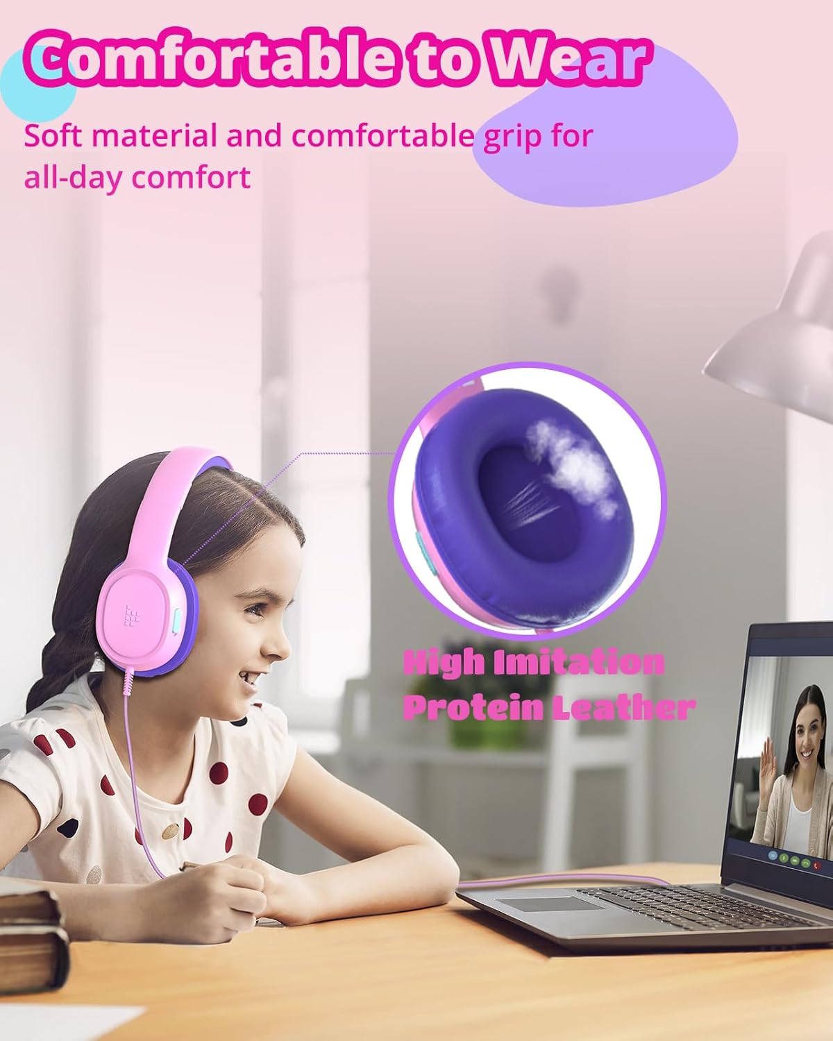 Tronsmart KH01 Kids Headphones - Foldable Over-Ear With Safety Volume 85/93dB, HD Stereo, 3.5mm Jack for Boys/Girls/School/Kindle/Travel/Tablets (Pink)