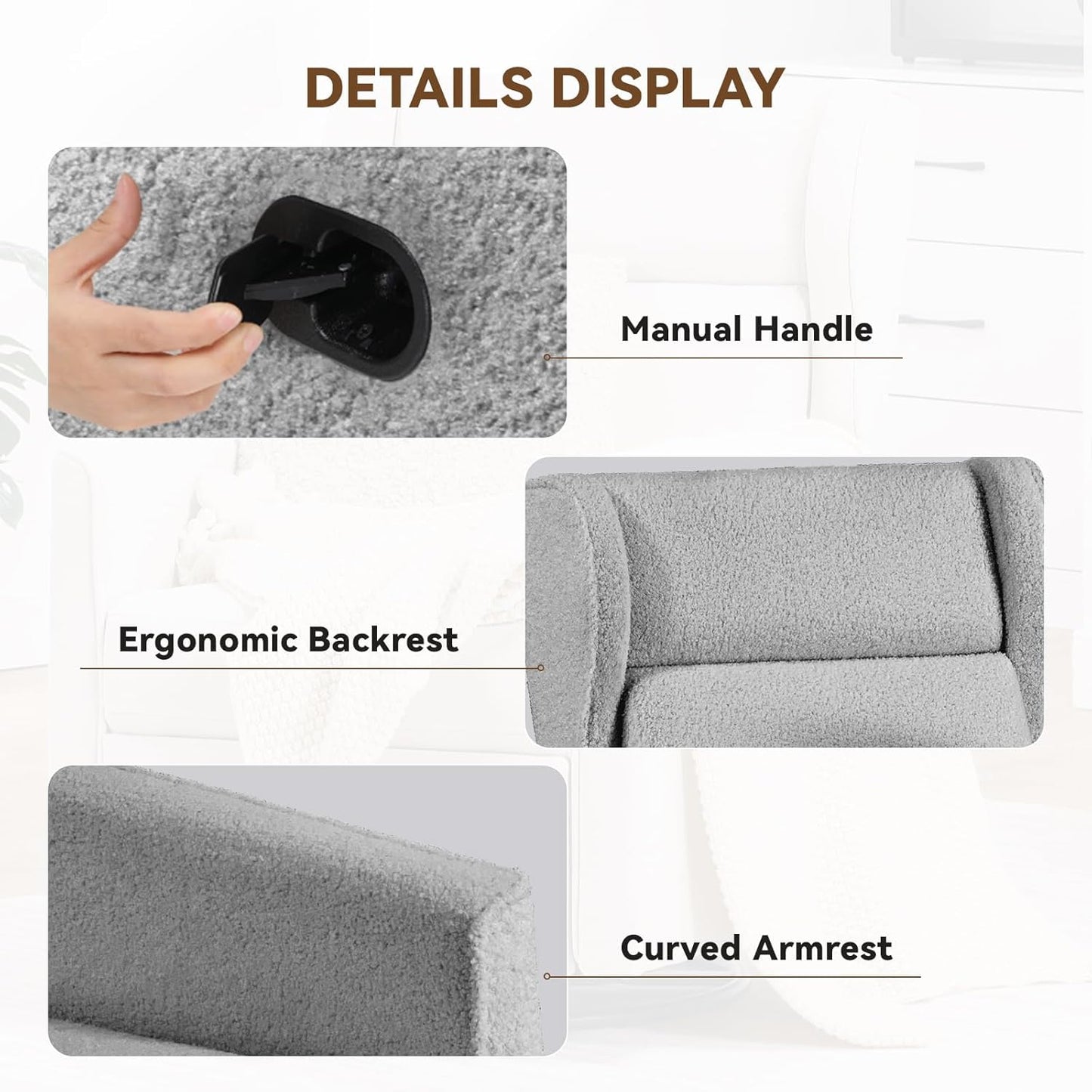 COMHOMA Nursery Rocking Chair Teddy Upholstered Swivel Rocker Recliner Manual Glider Reclining Chair for Living Room Bedroom Offices (Grey, 1 PCS)