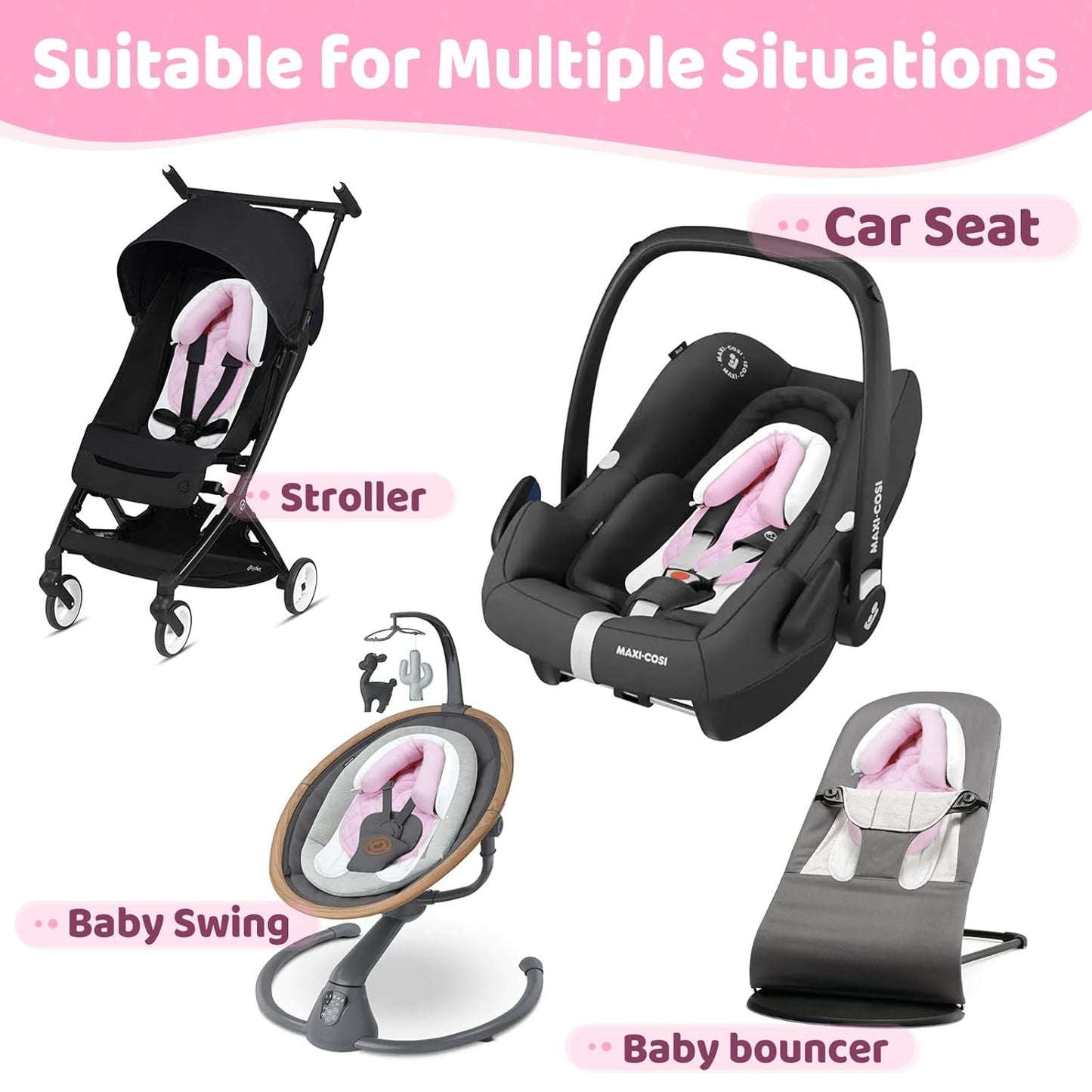 Pro Goleem Infant Car Seat Insert, Babybody Support for Toddler, Soft Minky Preemie Car Seat Insert, 2-in-1 Reversible, Perfect for Carseats, Strollers, Swings, Pink and White