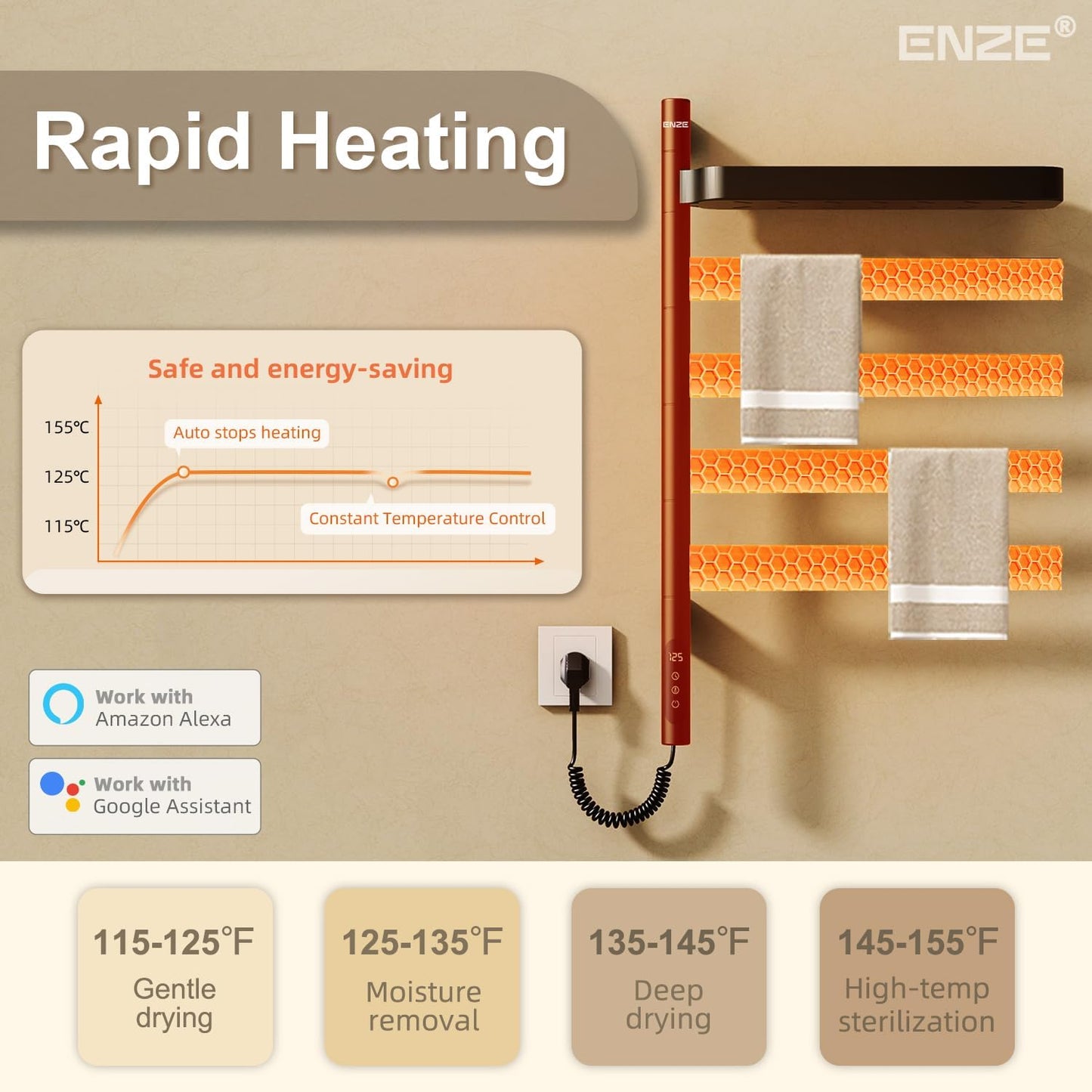 ENZE Smart Rotating Heated Towel Rack for Bathroom, Wall-Mounted Electric Towel Dryer with Swivel Bars & Shelf, Smart Timer, Low Carbon Steel, Plug-in/Hardwired, Towel Warmer with Wi-Fi App Control